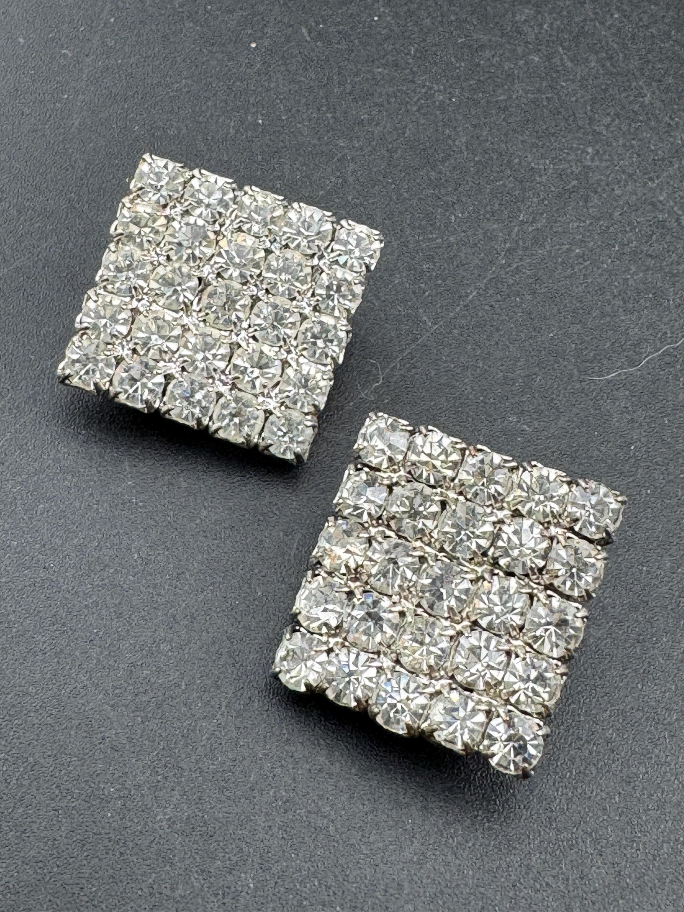 vintage square clear diamanté clip on earrings,  1980s 2cm silver tone