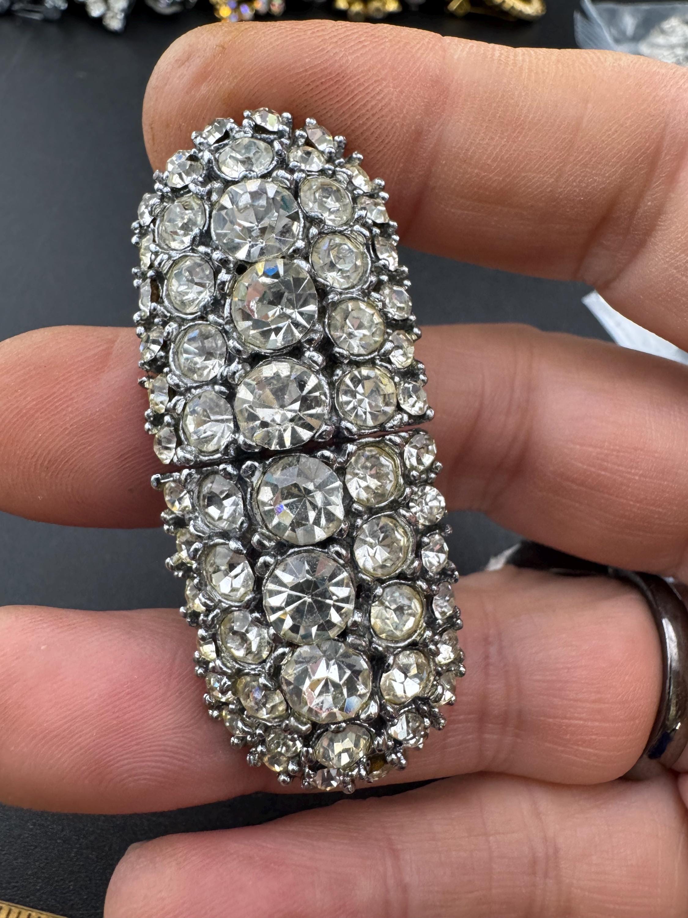 Vintage Rhinestone art deco Duette clip combination brooch and dress clips,  Silver chrome