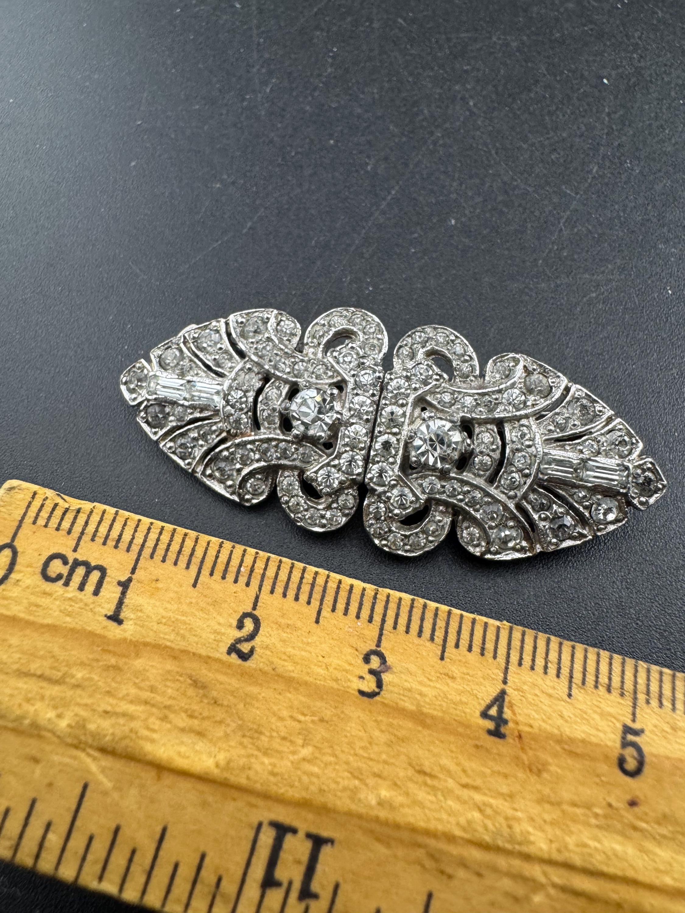 Art deco duette dress clip combination diamante brooch, silver tone