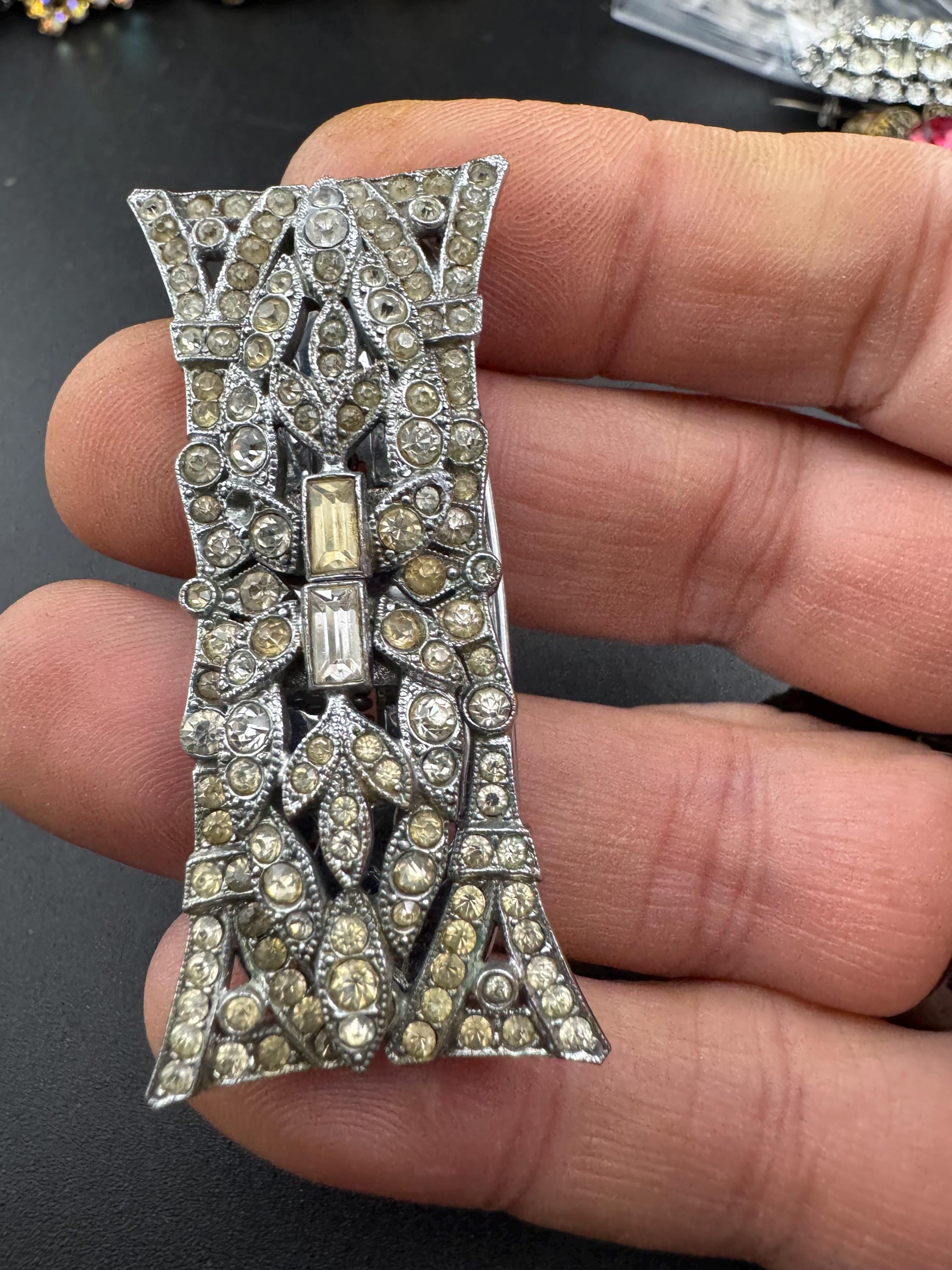 Art deco duette dress clip combination diamante brooch, silver tone geometric as found