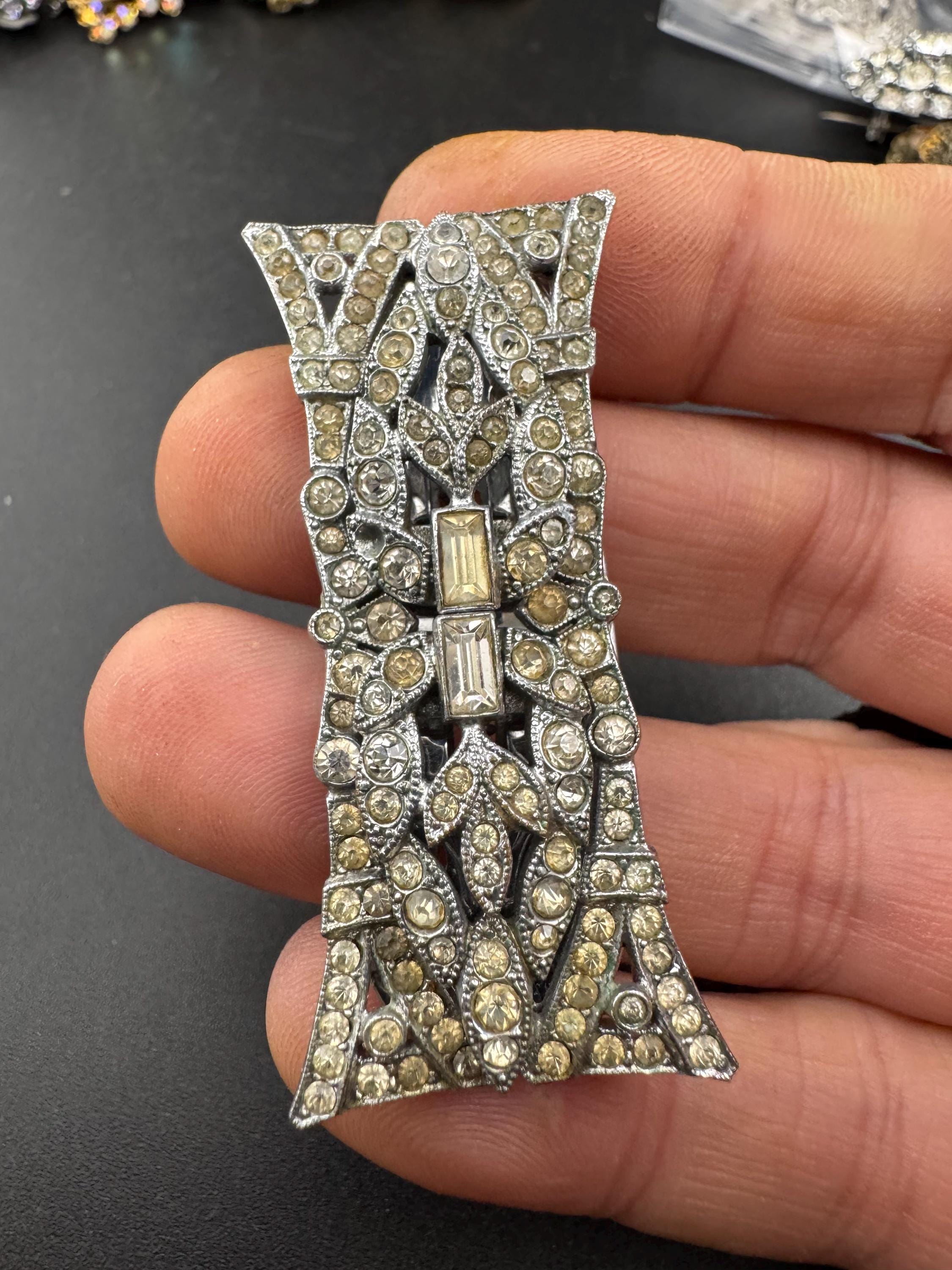 Art deco duette dress clip combination diamante brooch, silver tone geometric as found