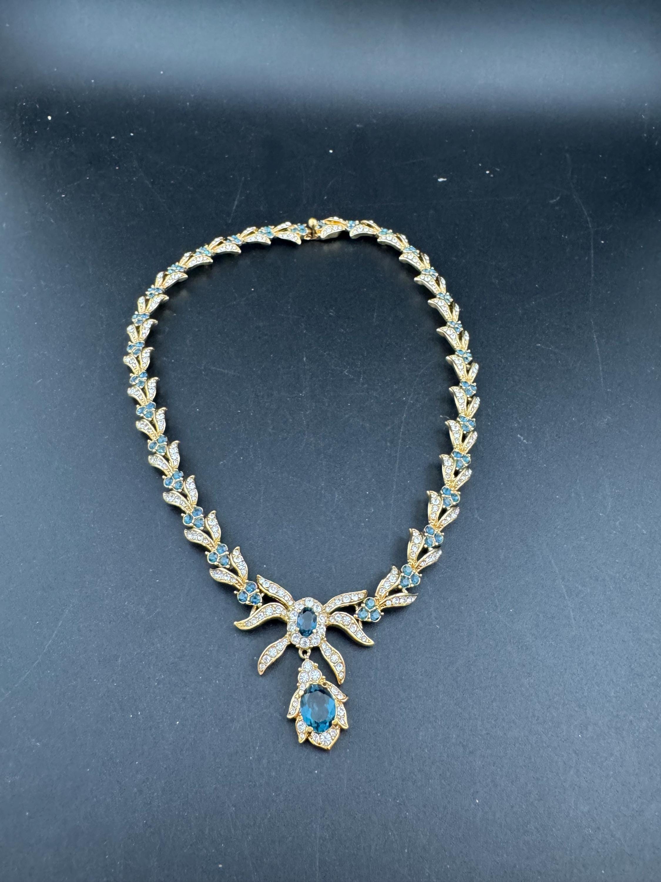 Vintage early Attwood and Sawyer sapphire Rhinestone drop Necklace, signed gold tone