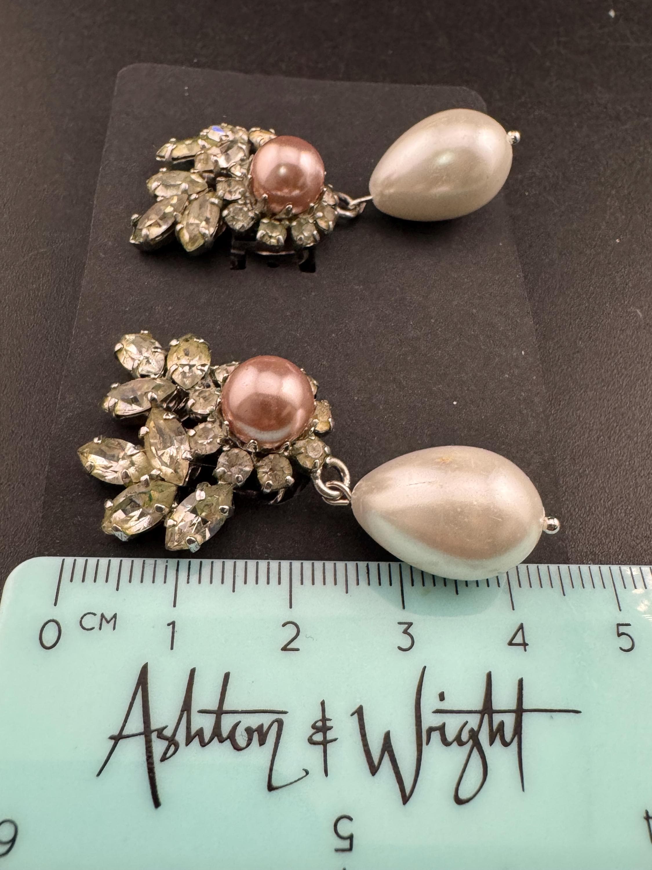 1967 Christian Dior Vintage Pearl Rhinestone Clip On Earrings