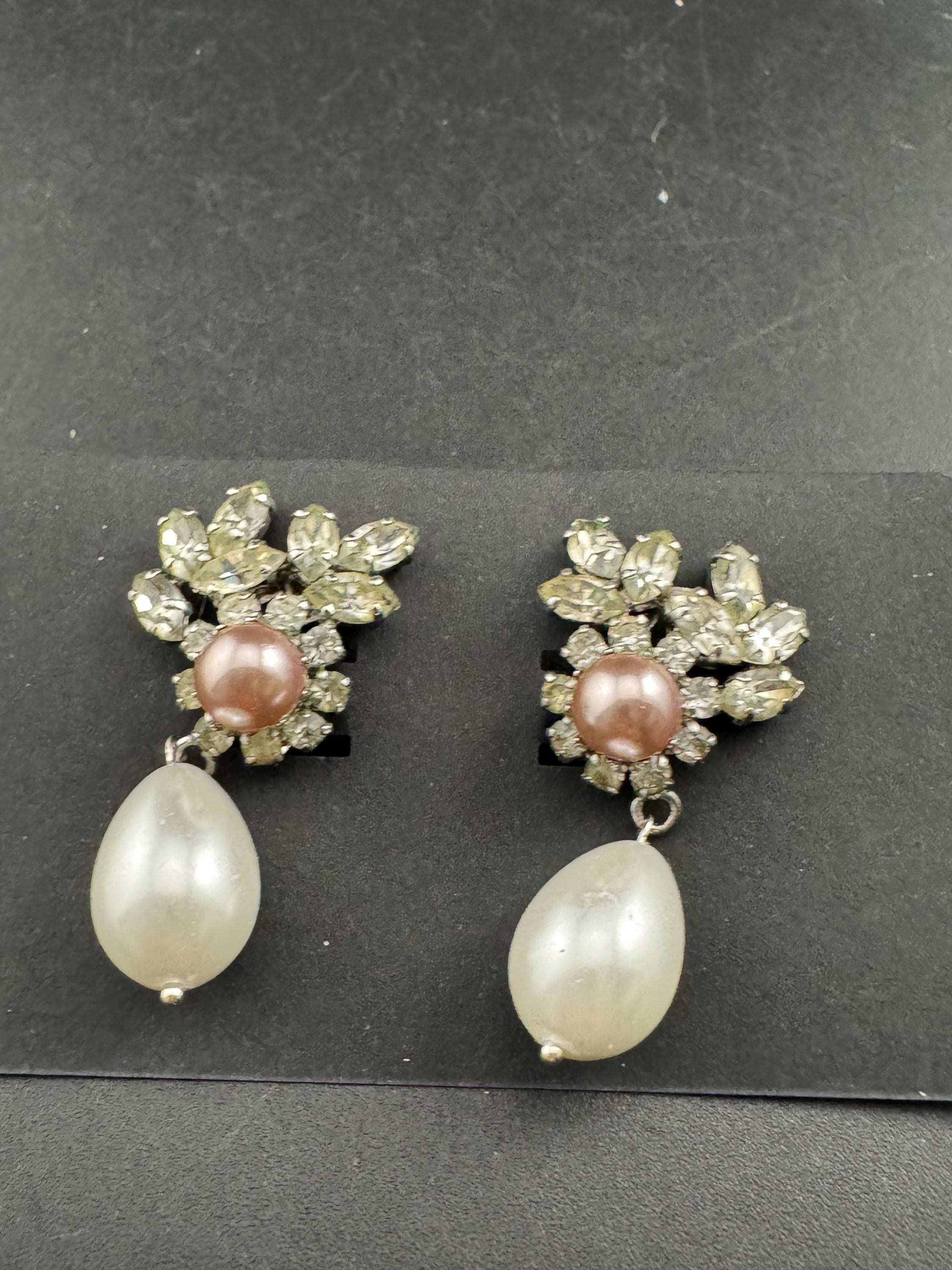 1967 Christian Dior Vintage Pearl Rhinestone Clip On Earrings