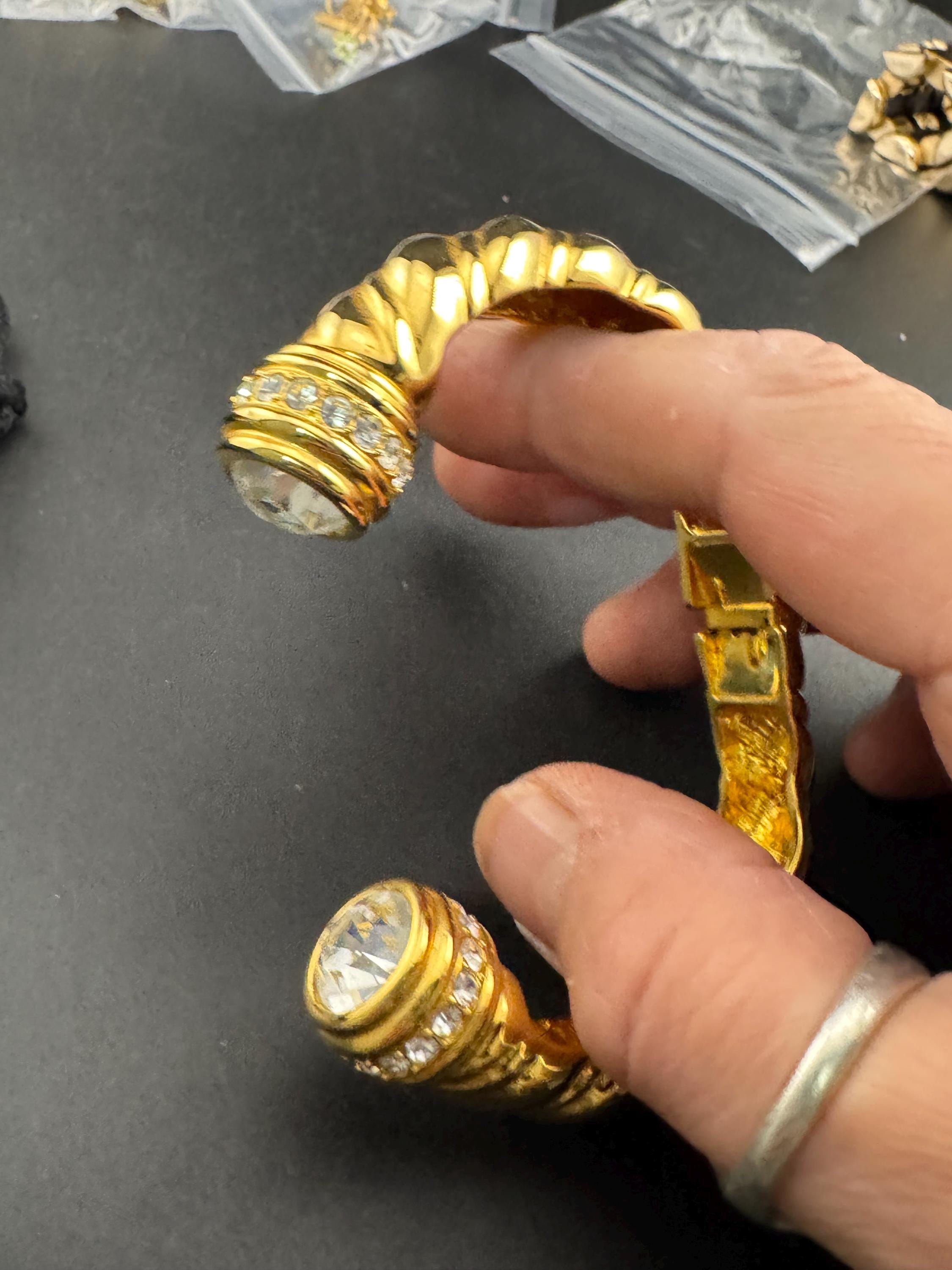 Joan rivers crystal torque clamper bangle, Etruscan style gold tone