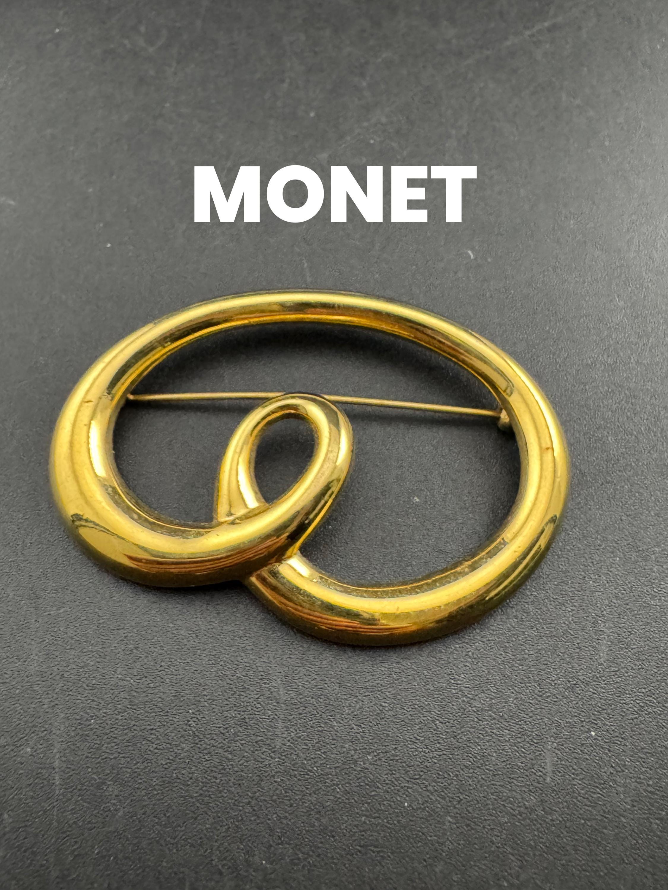 Signed MONET large gold tone abstract swirl brooch modernist 5.5cm