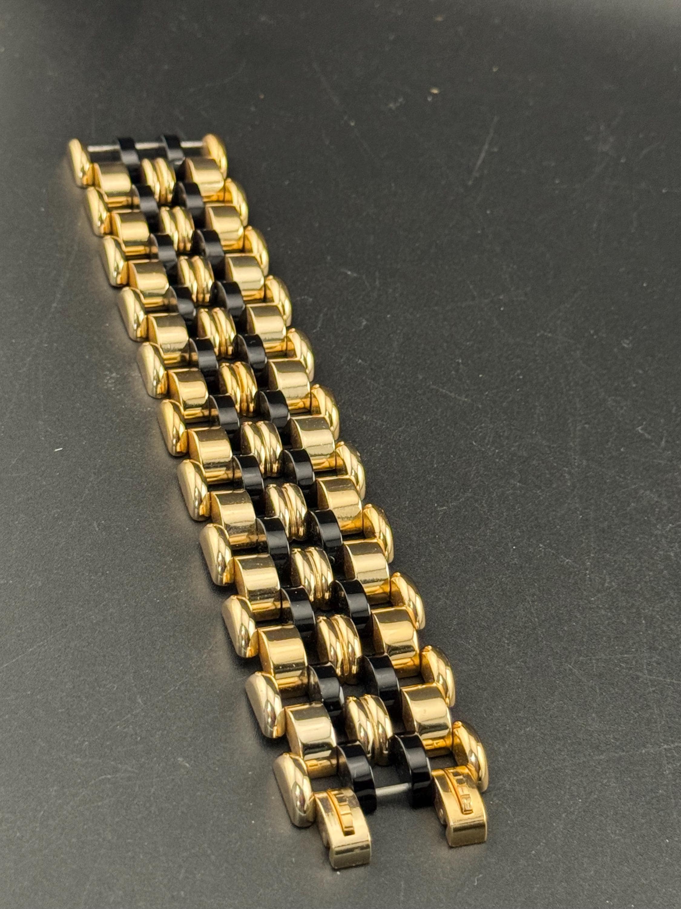 1950s De Farre warm gold tone black brick chain bracelet, 29.5cm French vintage