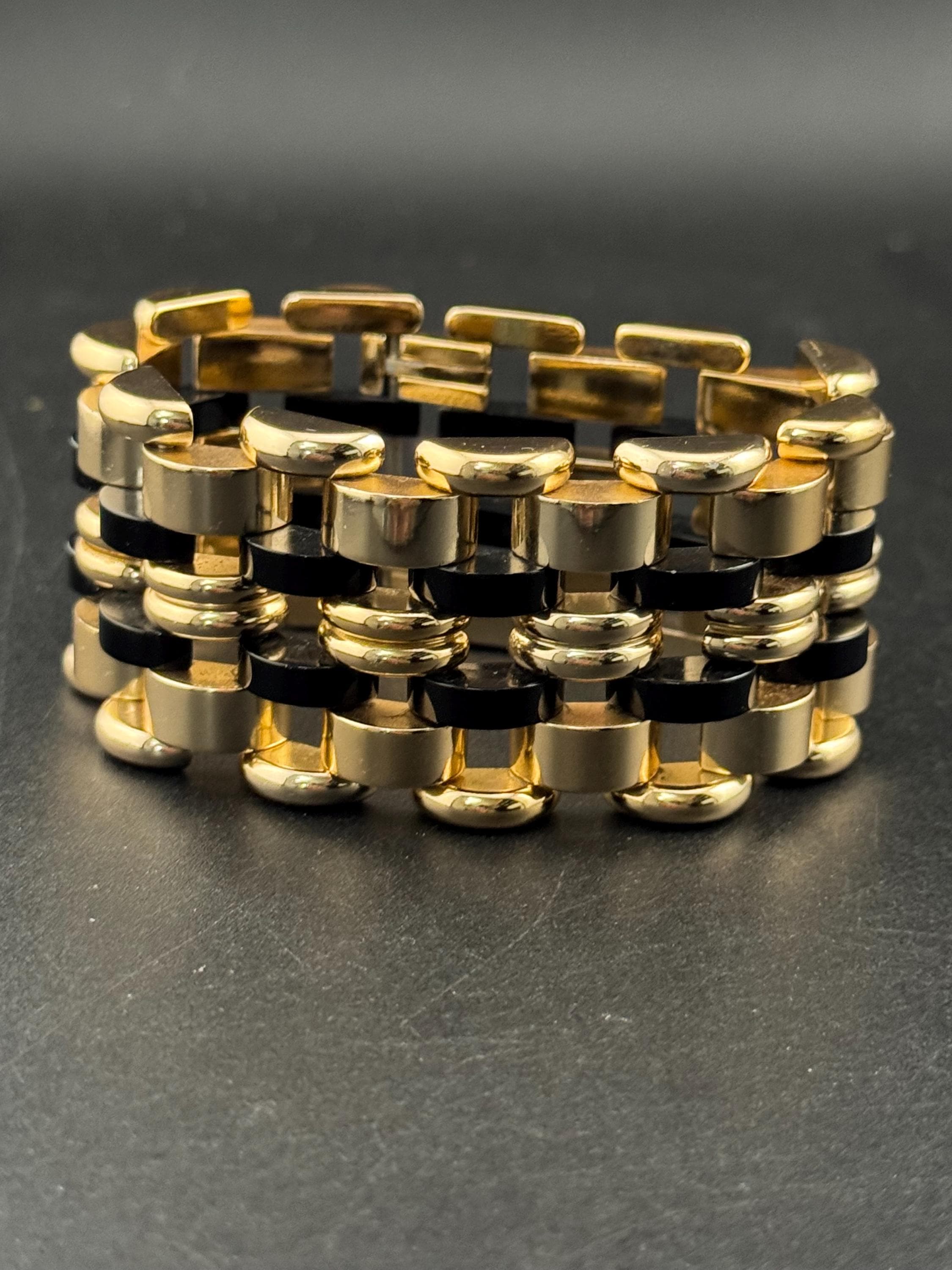 1950s De Farre warm gold tone black brick chain bracelet, 29.5cm French vintage