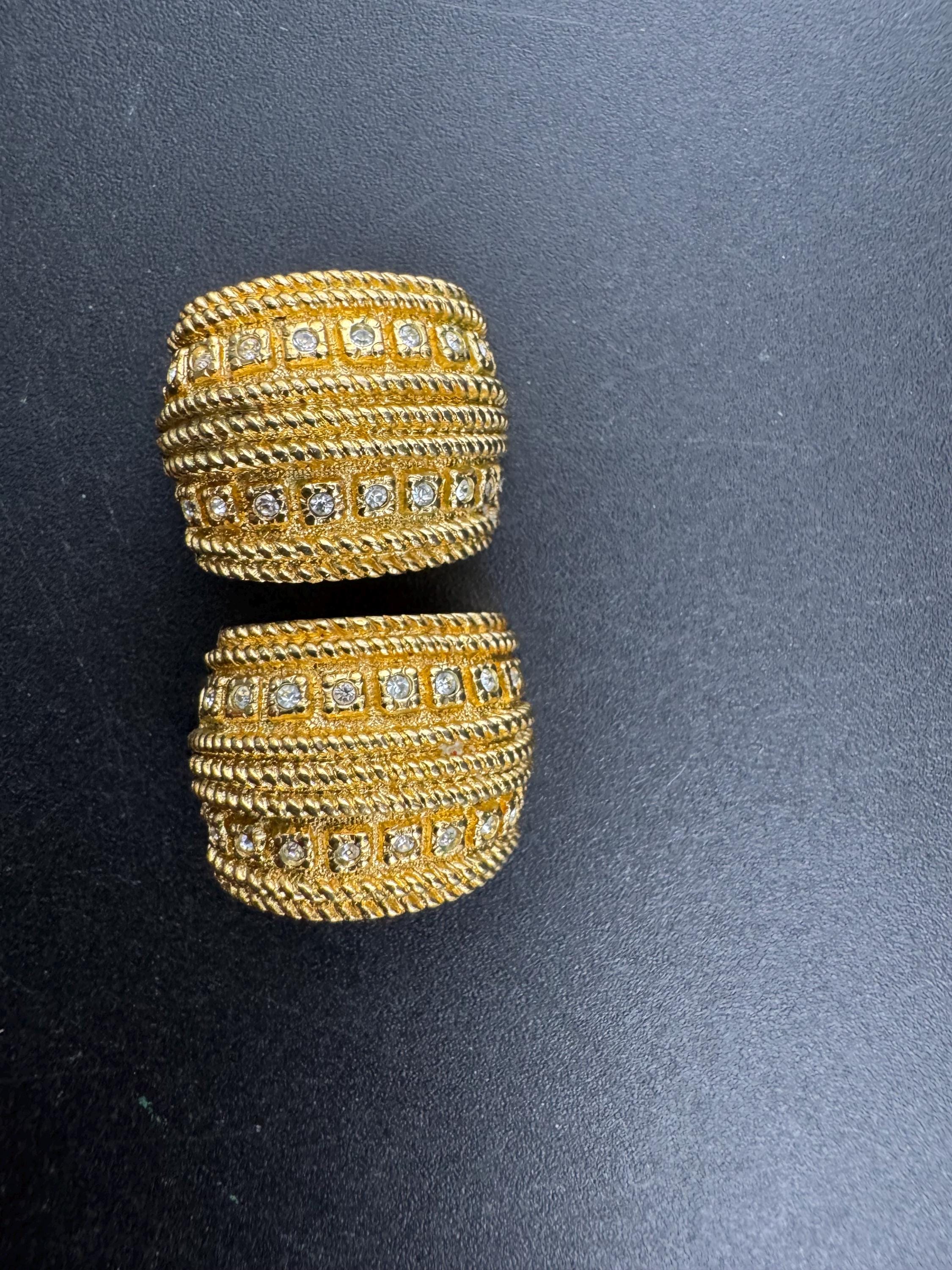 Signed GROSSE clear crystal Diamante clip on earrings, gold tone designer studs