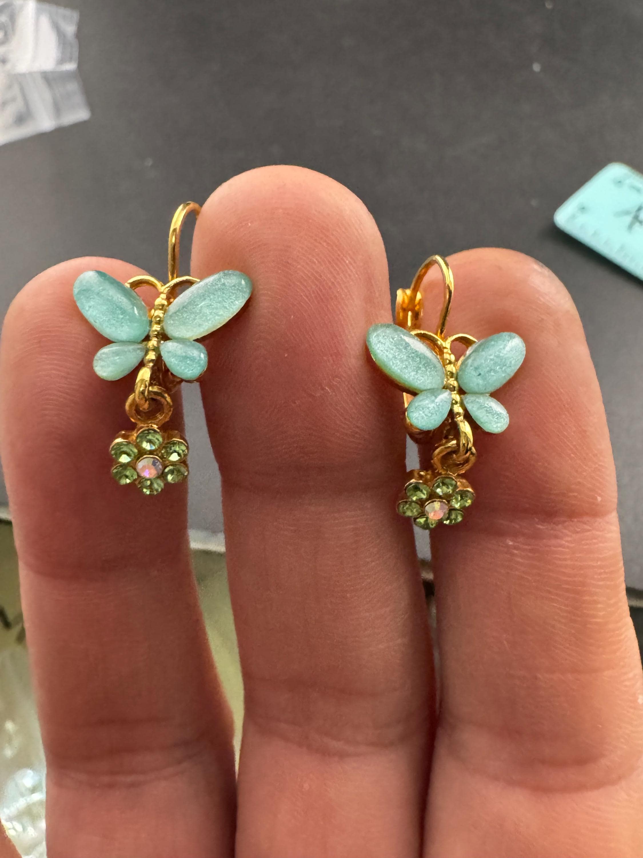 Signed Joan rivers light blue butterfly earrings,  pierced cabochon dangly