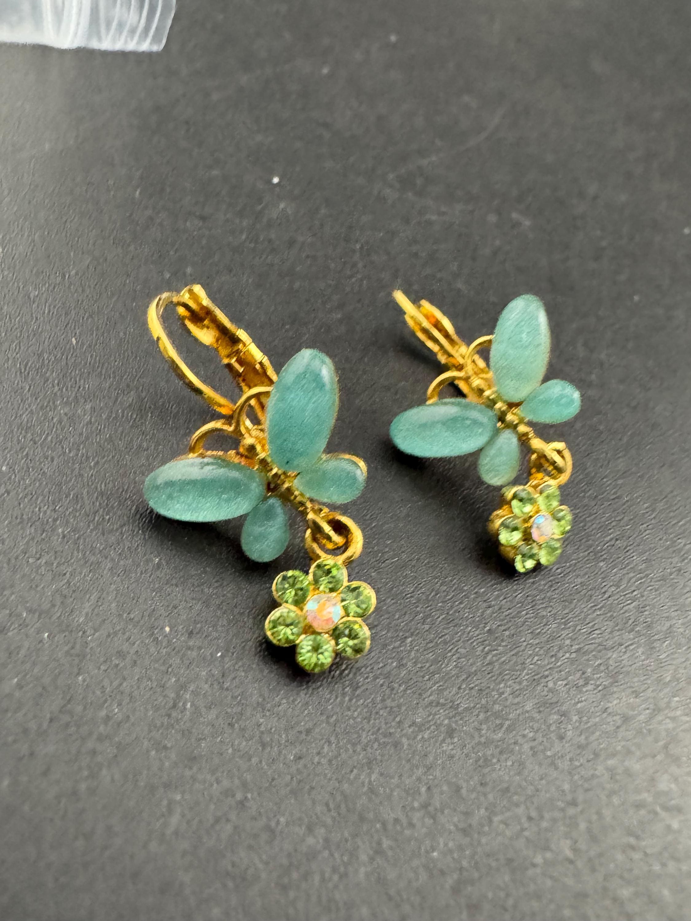 Signed Joan rivers light blue butterfly earrings,  pierced cabochon dangly