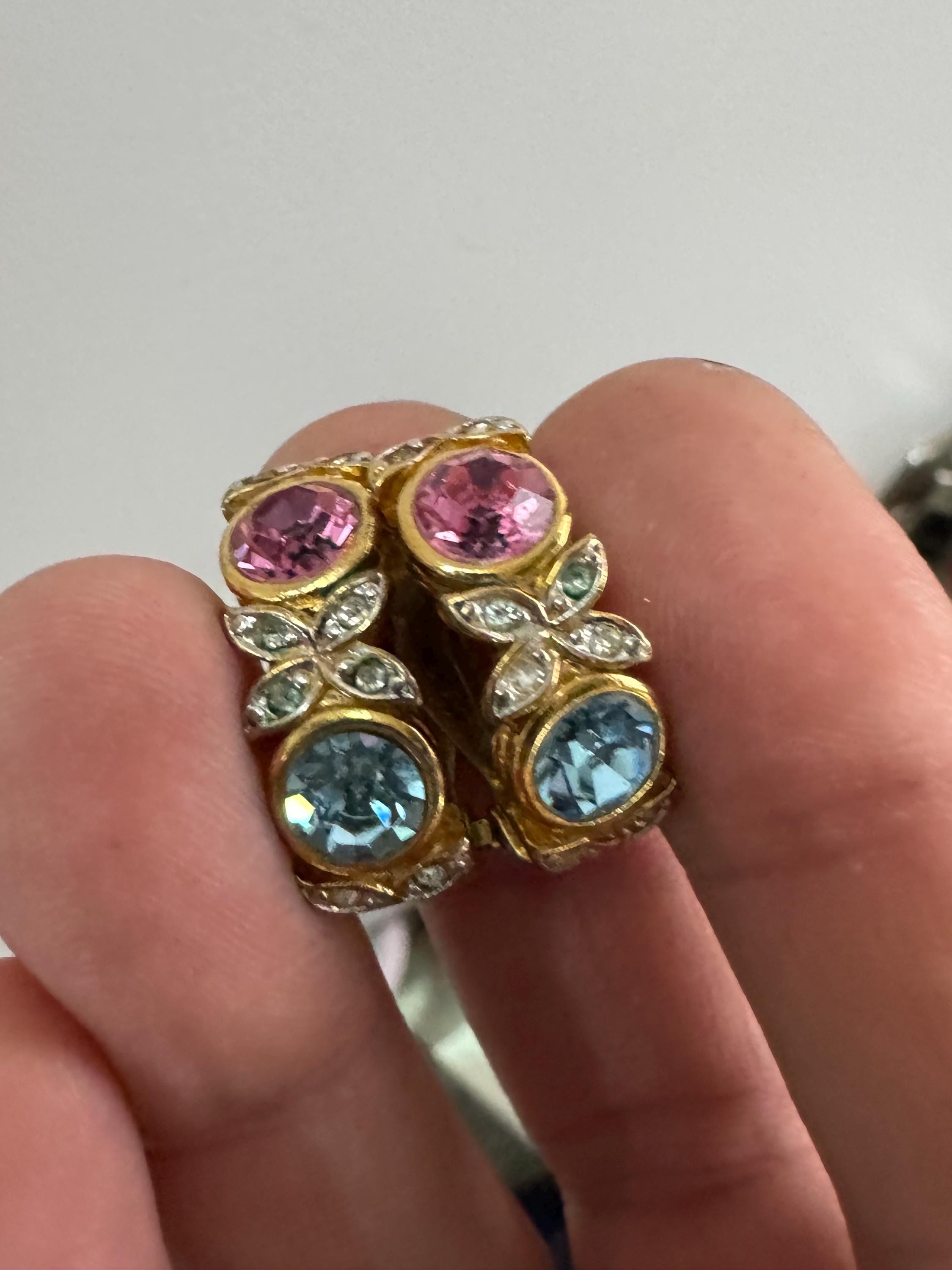 Signed d’orlan gold and pastel crystal clip on earrings, pink blue diamanté