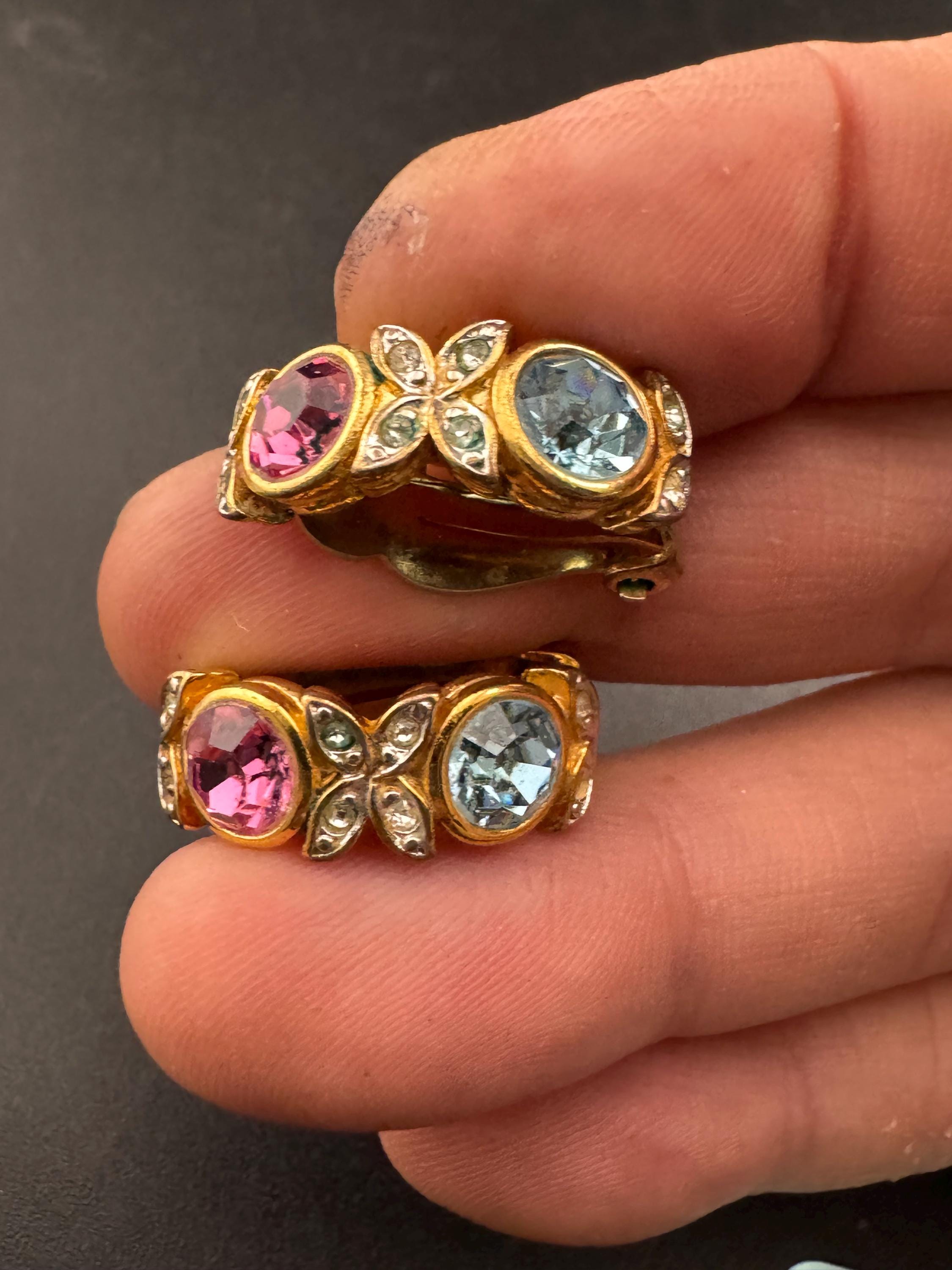 Signed d’orlan gold and pastel crystal clip on earrings, pink blue diamanté