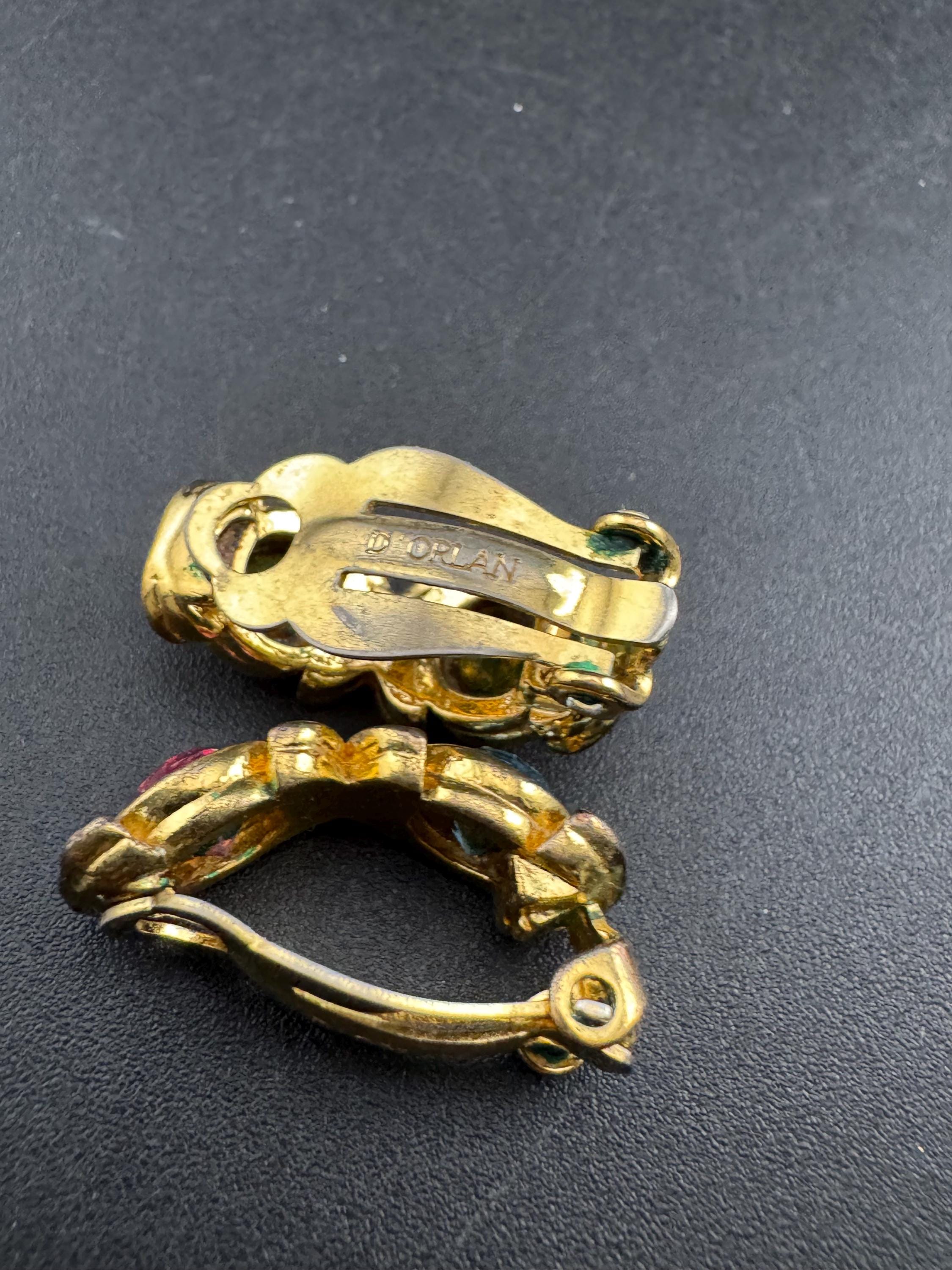 Signed d’orlan gold and pastel crystal clip on earrings, pink blue diamanté