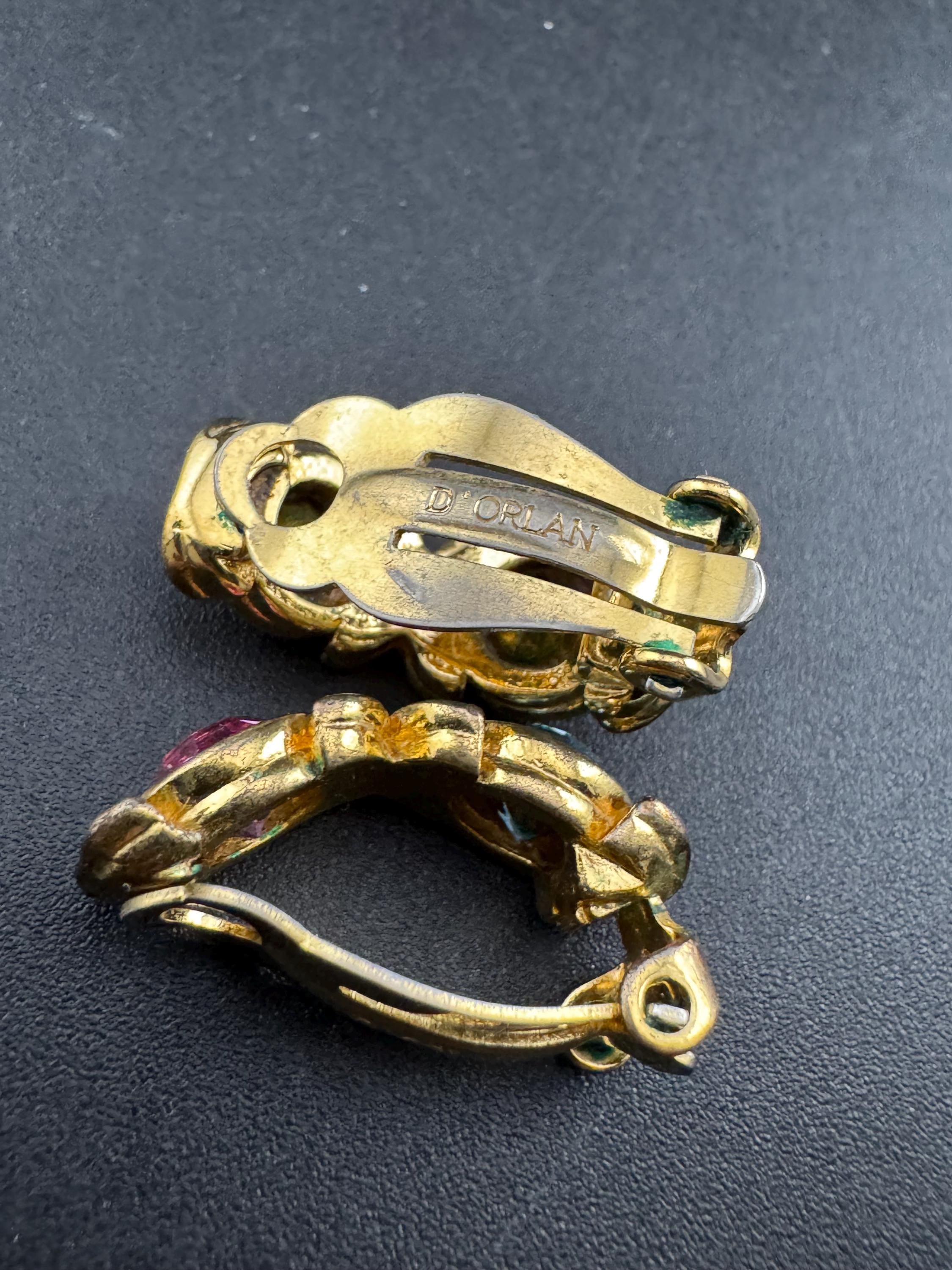 Signed d’orlan gold and pastel crystal clip on earrings, pink blue diamanté