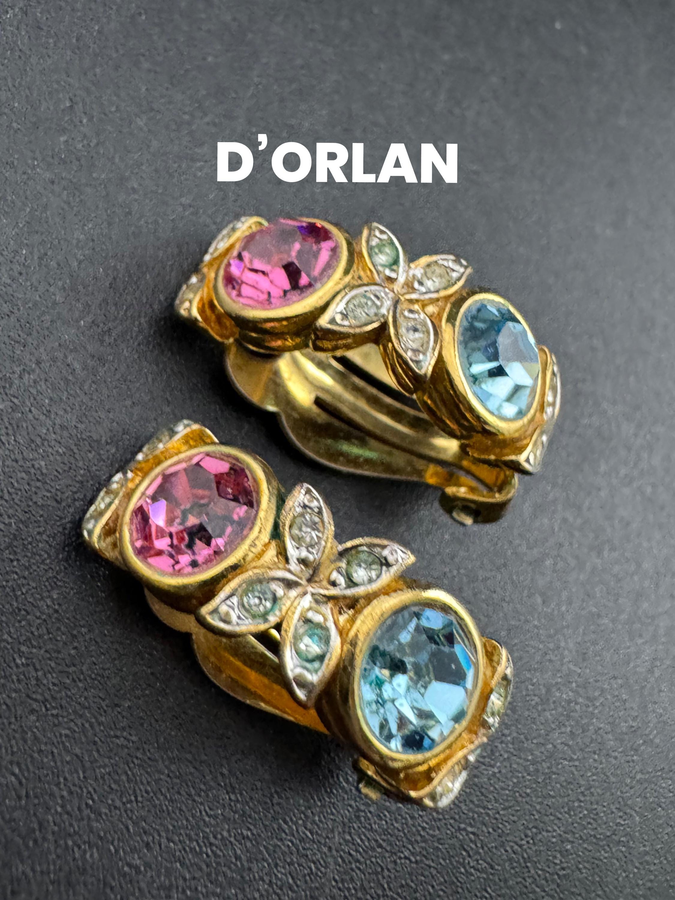 Signed d’orlan gold and pastel crystal clip on earrings, pink blue diamanté