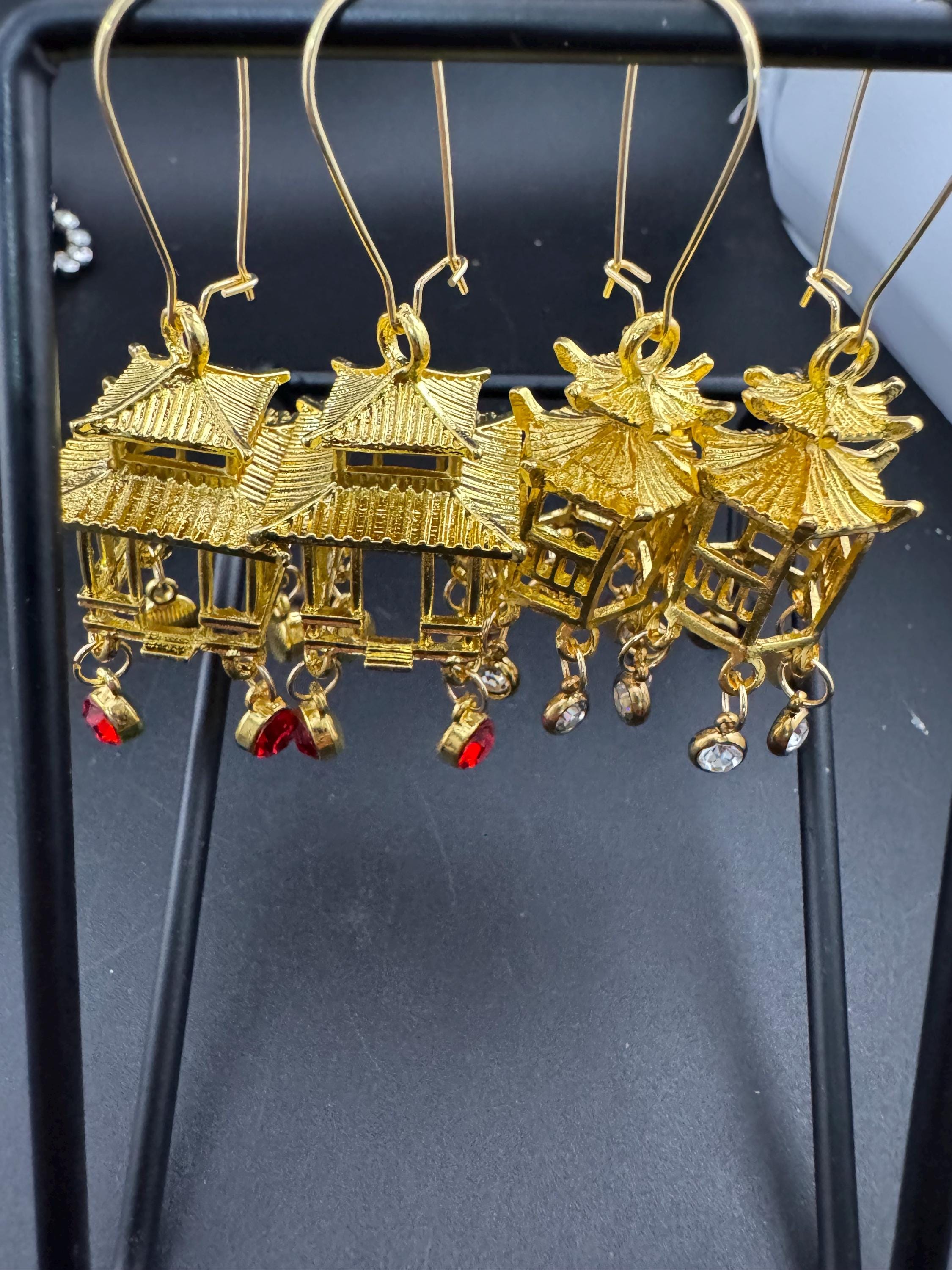 Chinese golden pagoda lantern ruby drop earrings, red rhinestones, oversized