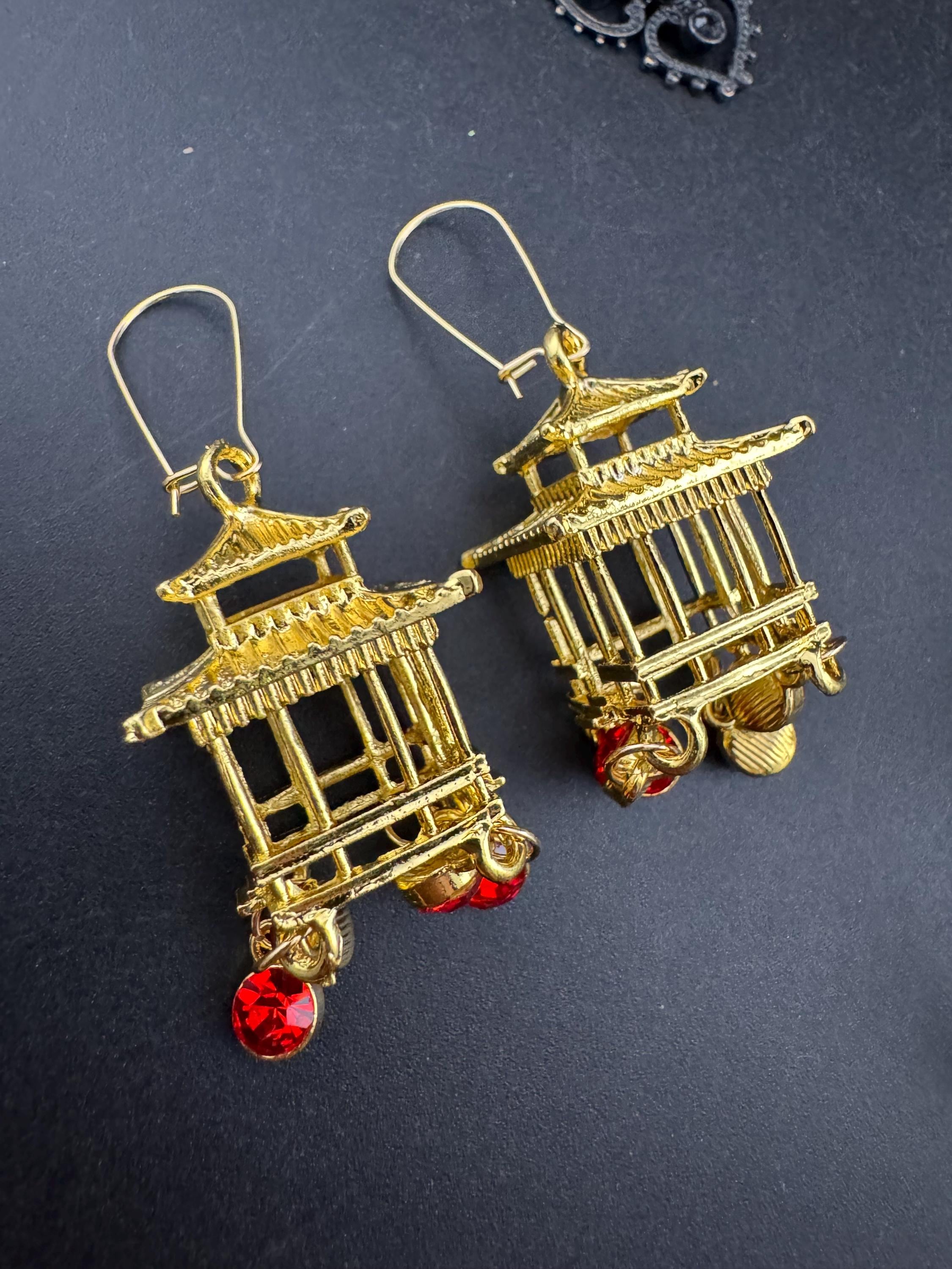 Chinese golden pagoda lantern ruby drop earrings, red rhinestones, oversized