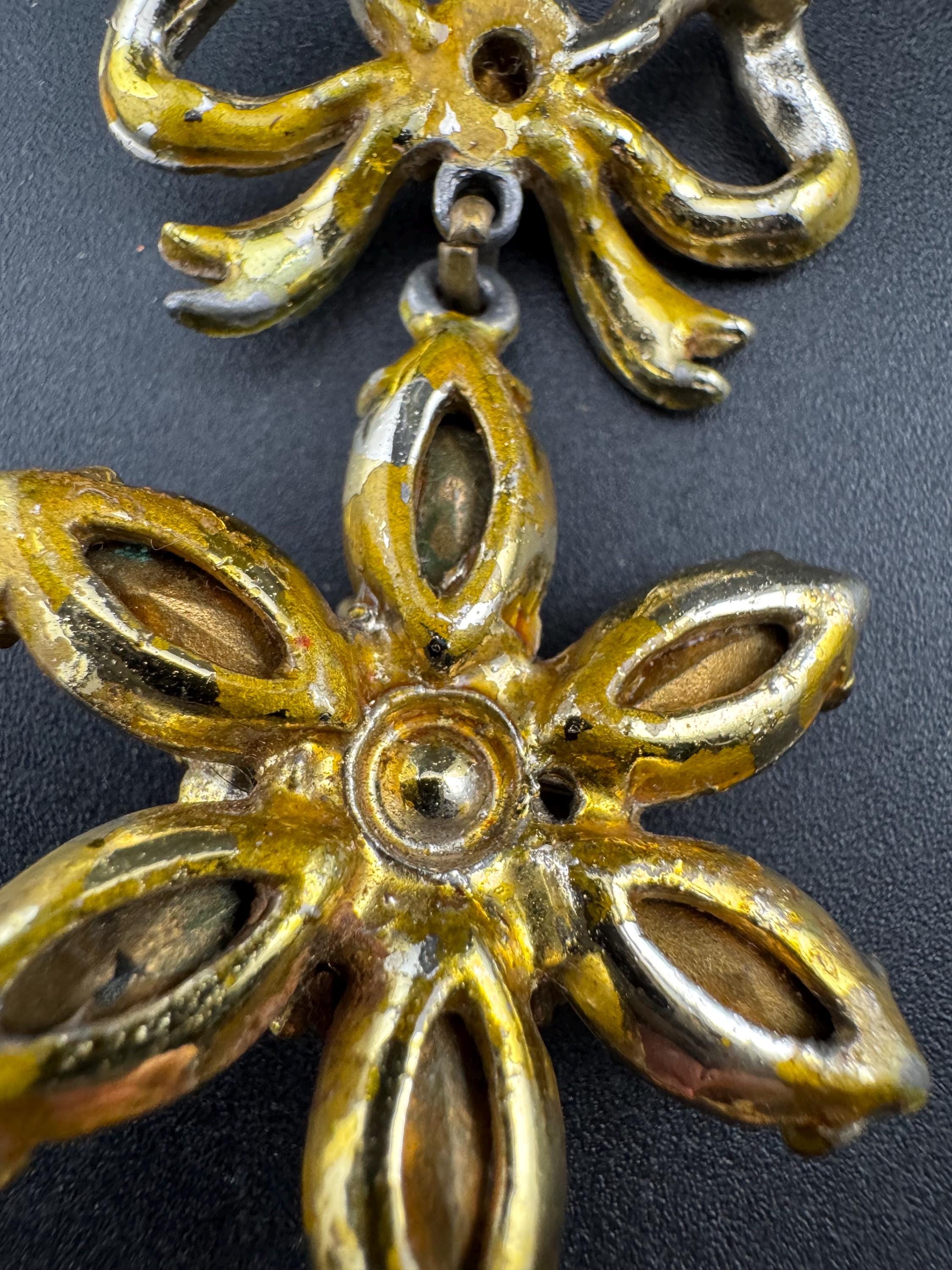 vintage gold brown cognac glass pendant drop star brooch