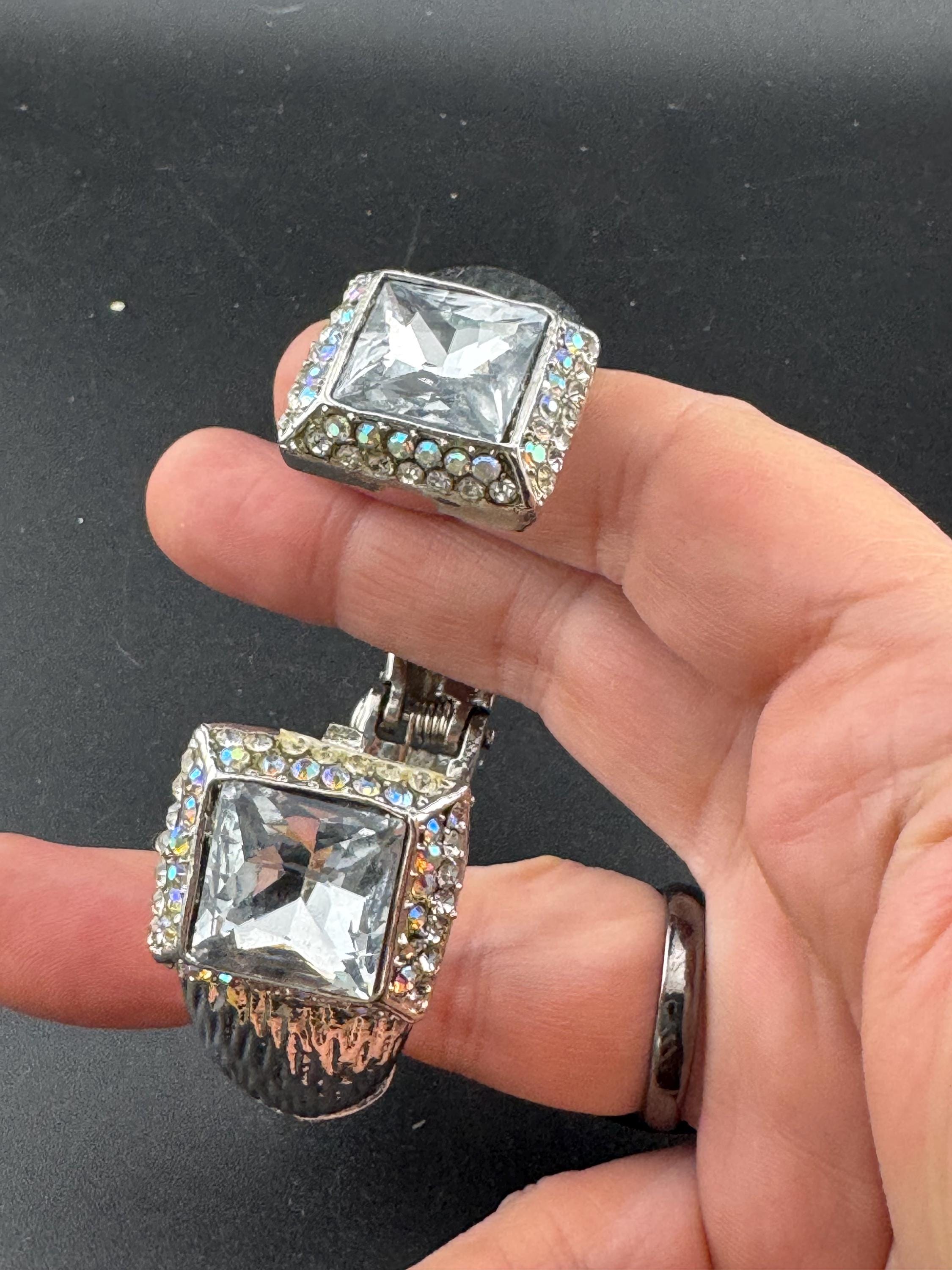 Retro clear diamanté crystal chunky hinged clamper bangle, silver tone