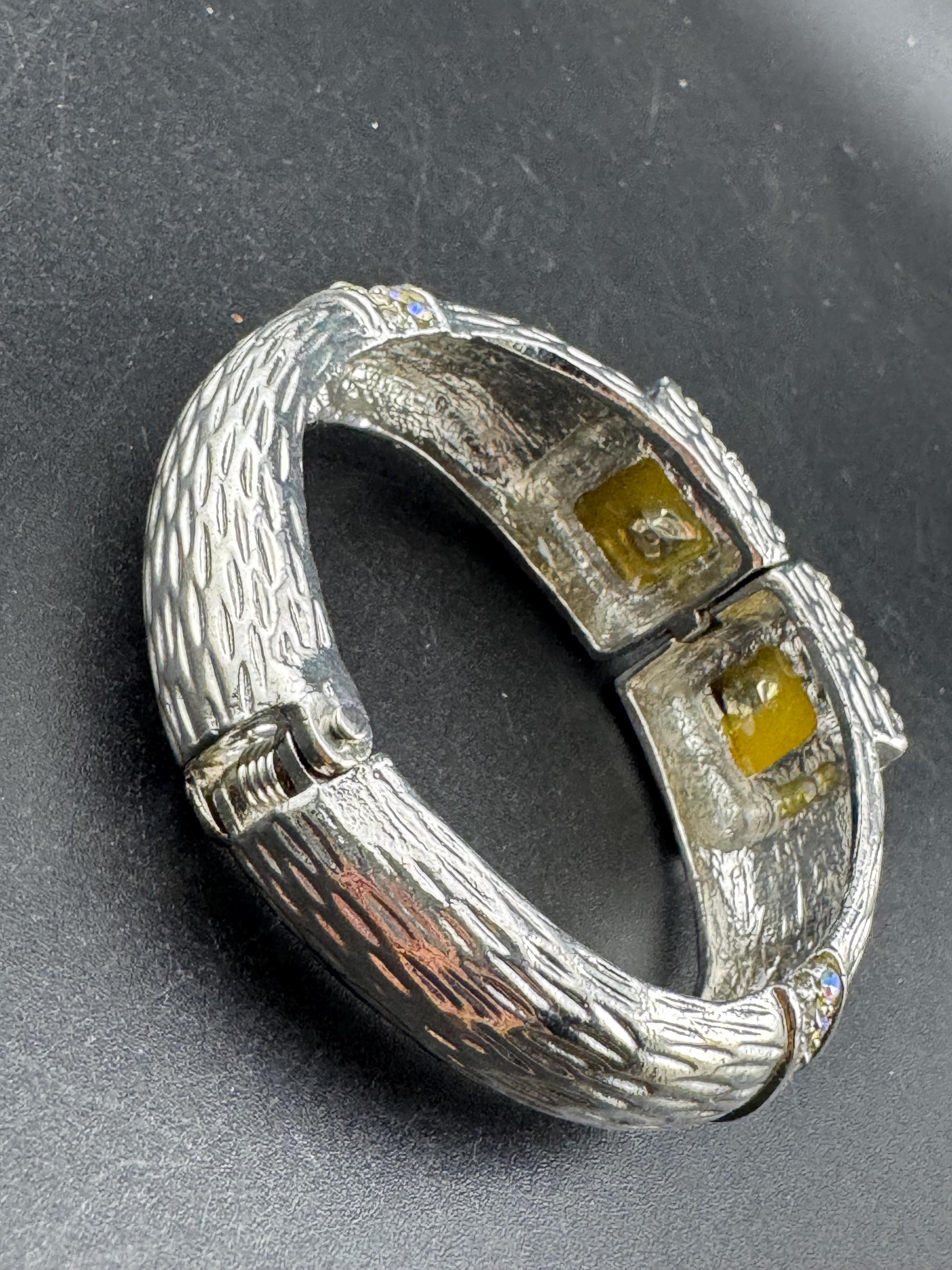 Retro clear diamanté crystal chunky hinged clamper bangle, silver tone