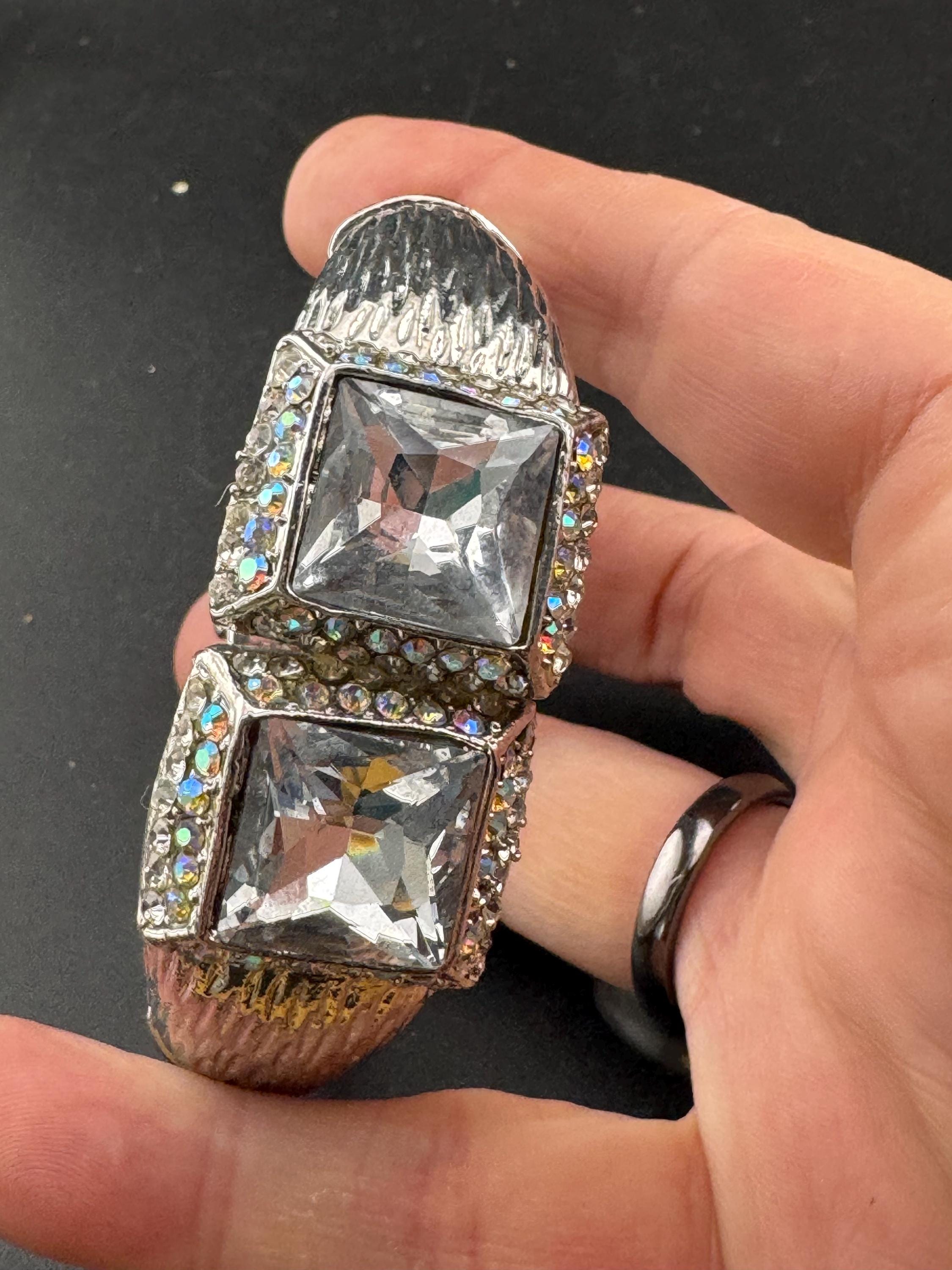 Retro clear diamanté crystal chunky hinged clamper bangle, silver tone