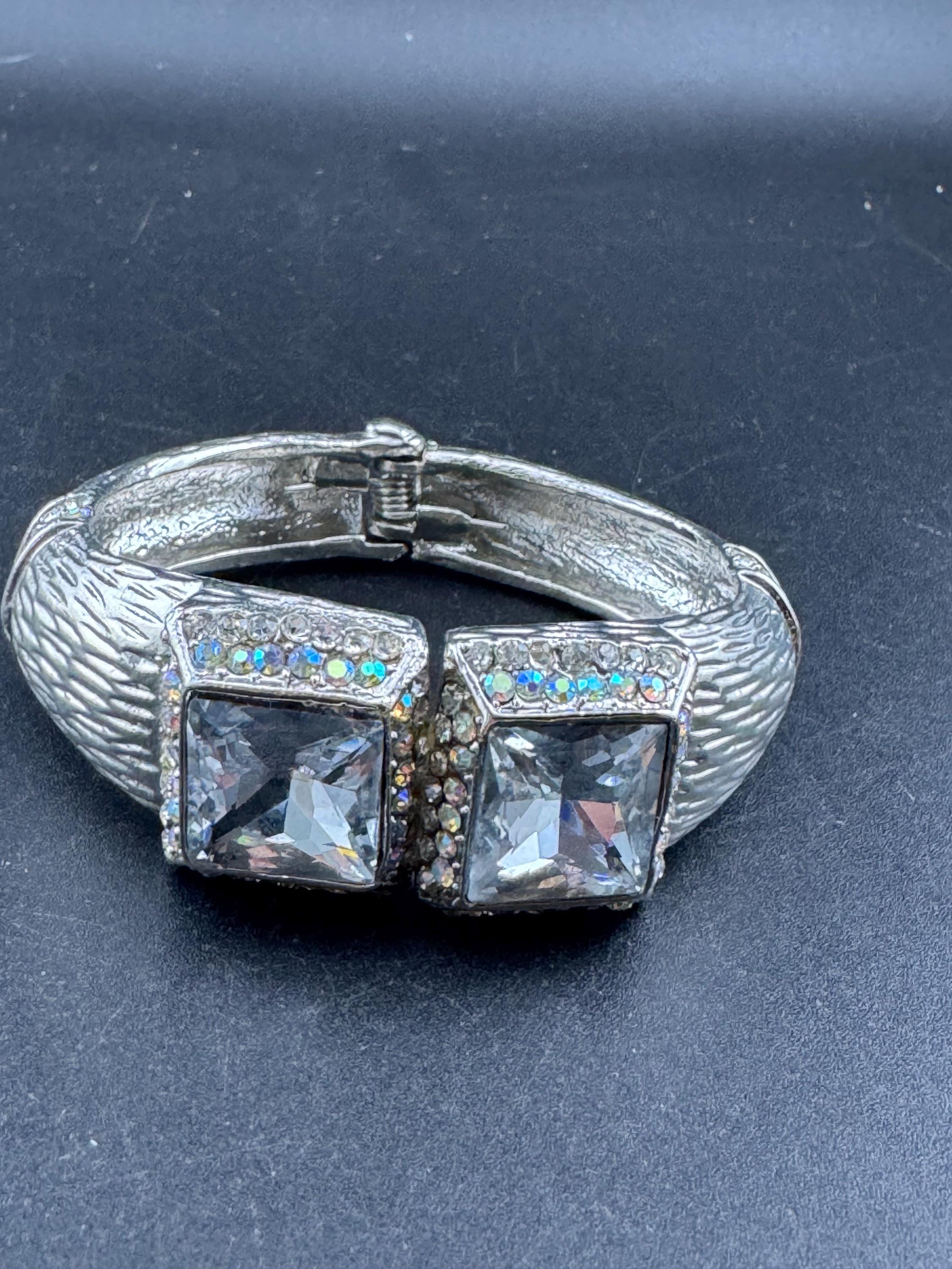 Retro clear diamanté crystal chunky hinged clamper bangle, silver tone
