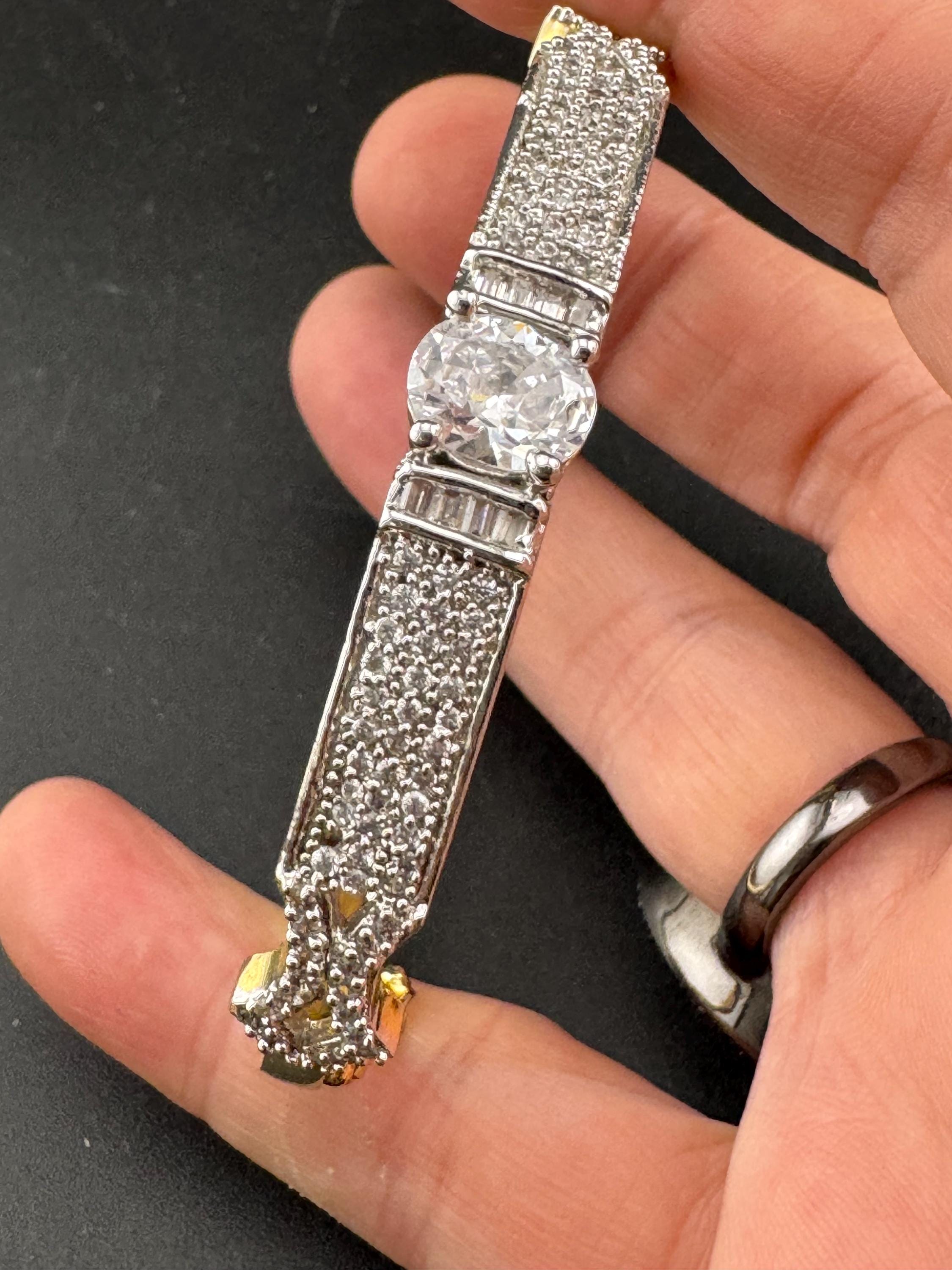 Vintage clear diamanté hinged pave set crystal bangle, gold plated