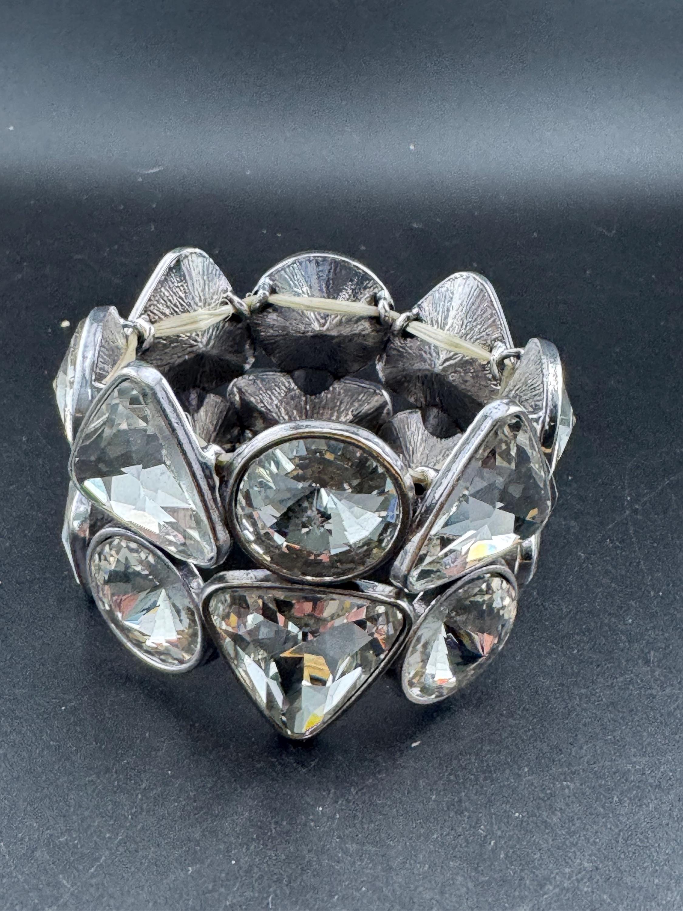 Retro wide silver tone Rivoli crystal stretch Bangle, diamanté Bracelet