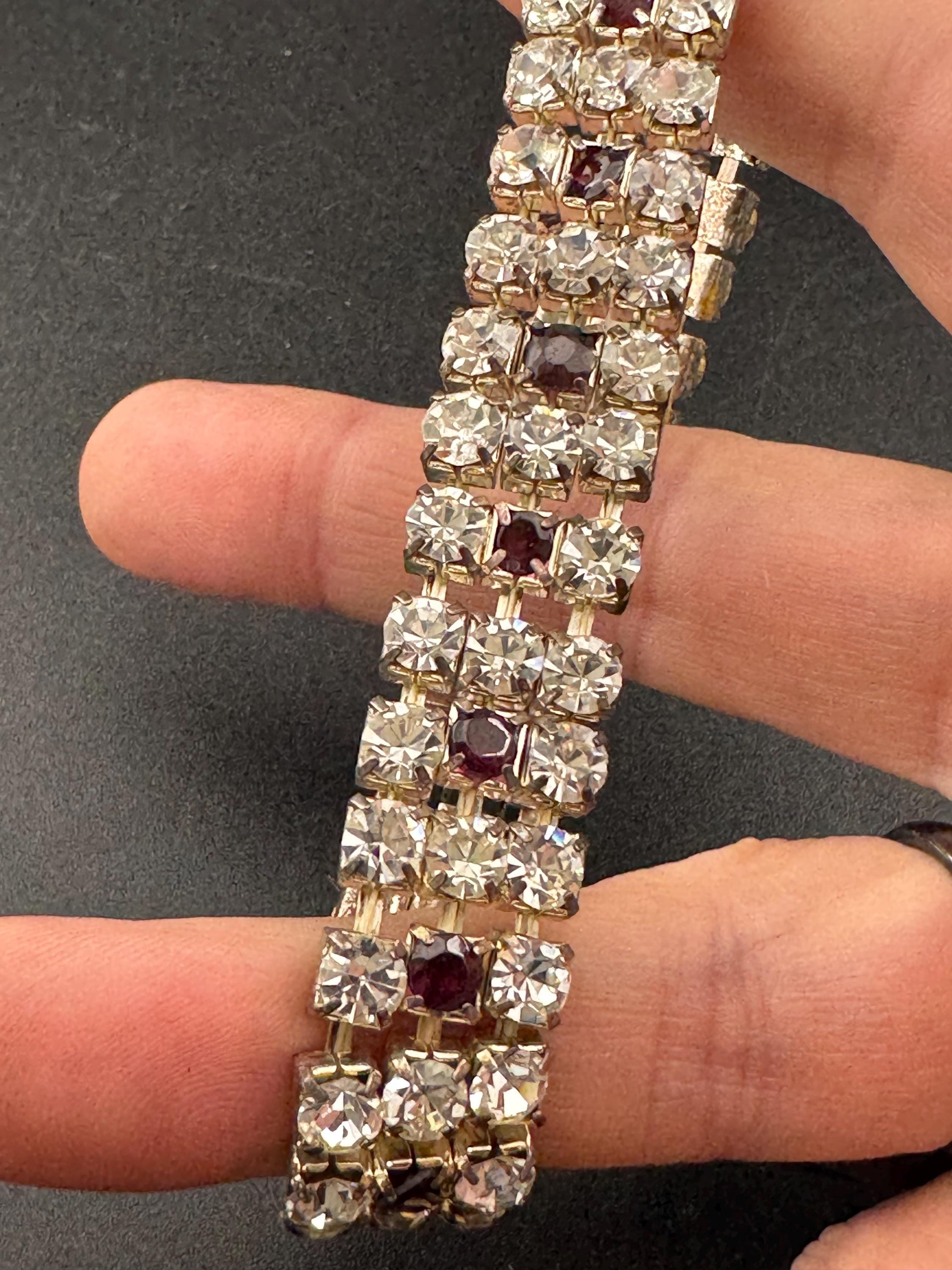 Vintage silver tone ruby garnet rhinestone set cocktail Bracelet, stretch elasticated