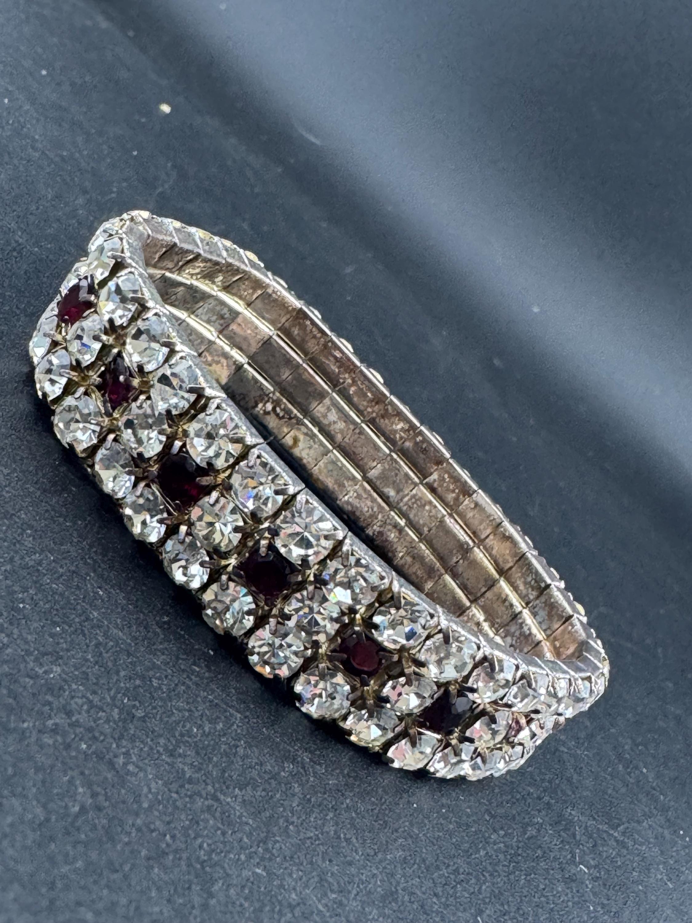 Vintage silver tone ruby garnet rhinestone set cocktail Bracelet, stretch elasticated