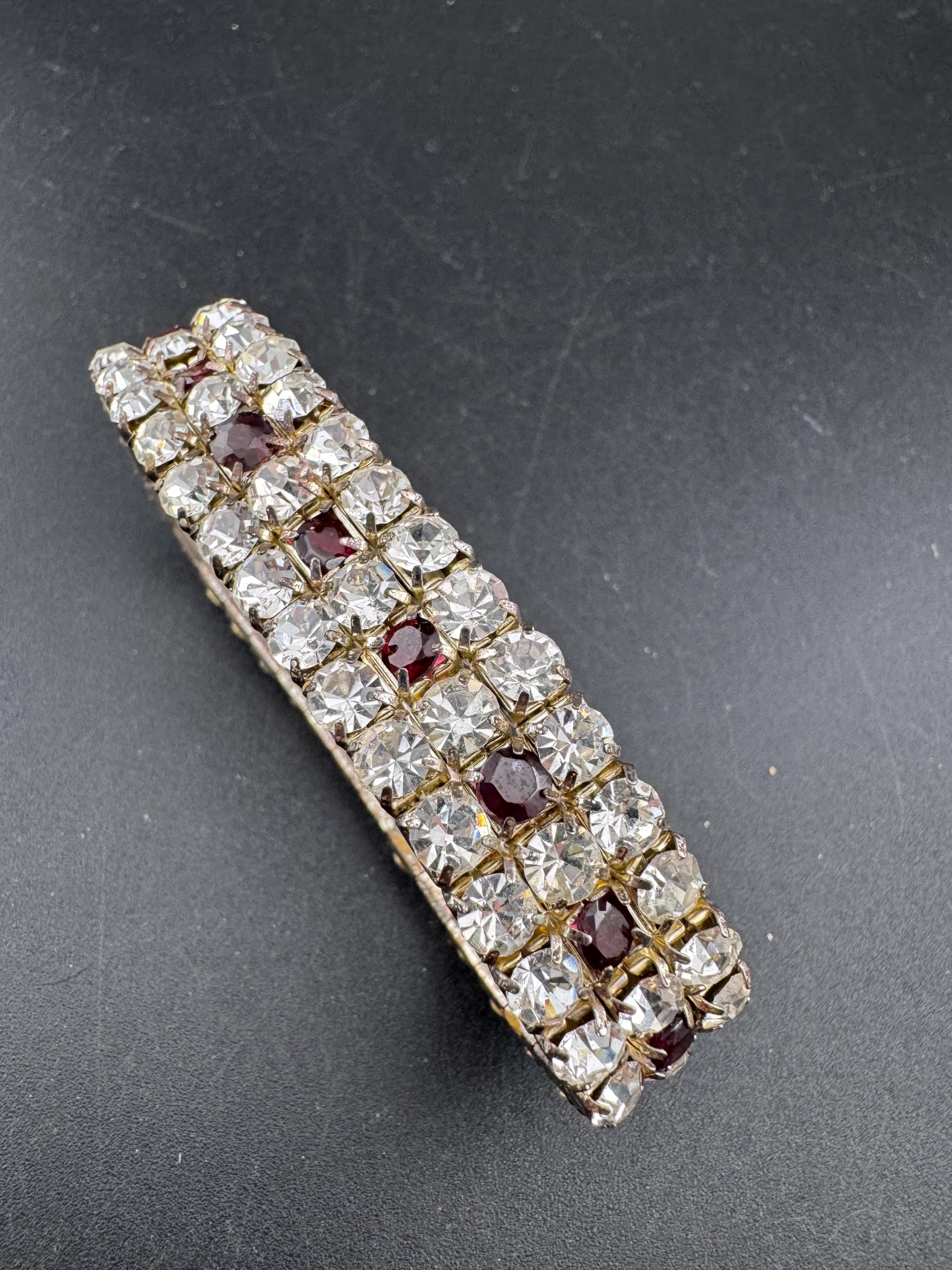 Vintage silver tone ruby garnet rhinestone set cocktail Bracelet, stretch elasticated