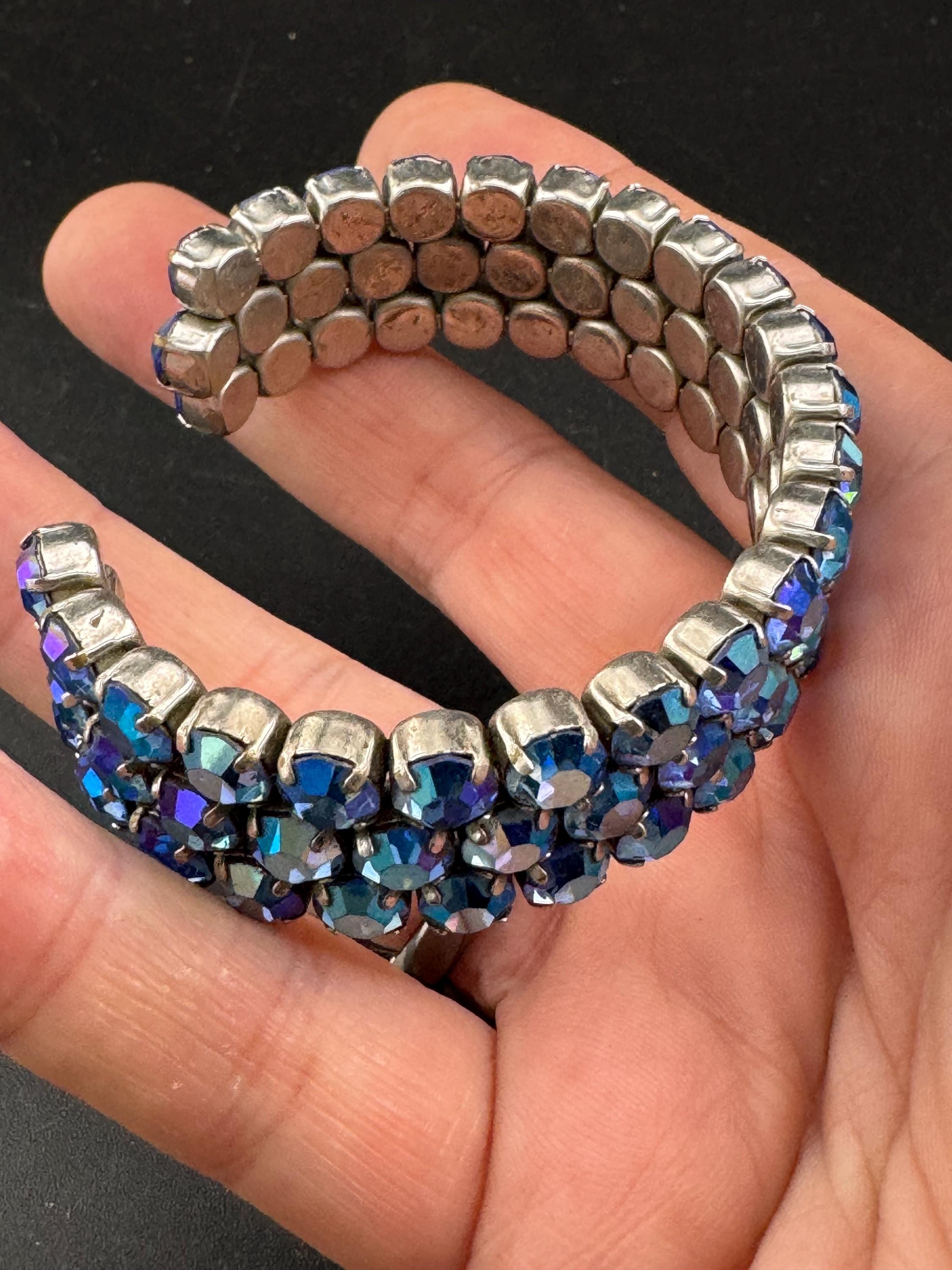 Vintage blue AB Aurora borealis rhinestone open cuff bracelet, silver tone