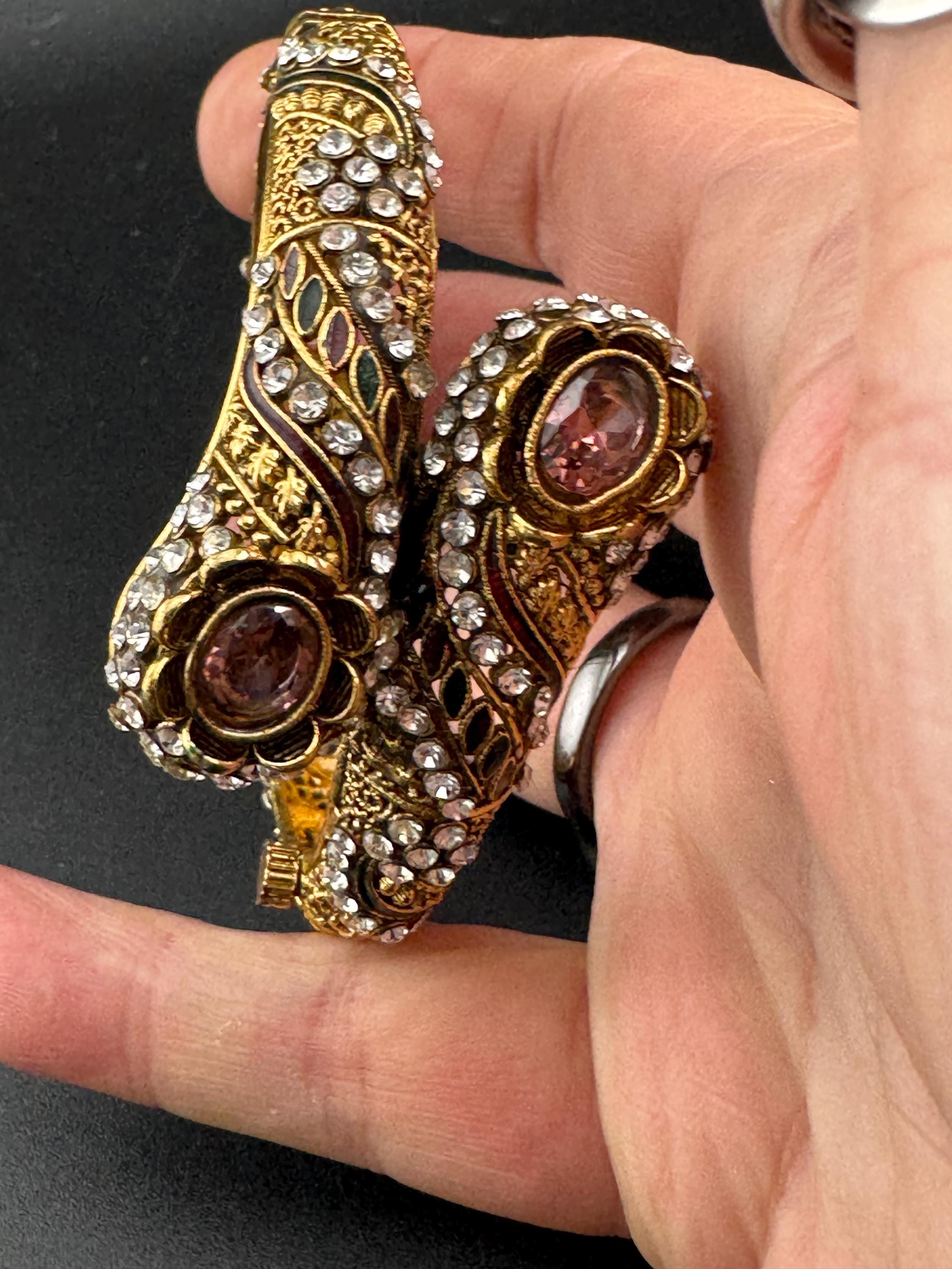 Amethyst glass rhinestone snake bangle , gold tone clamper bracelet retro