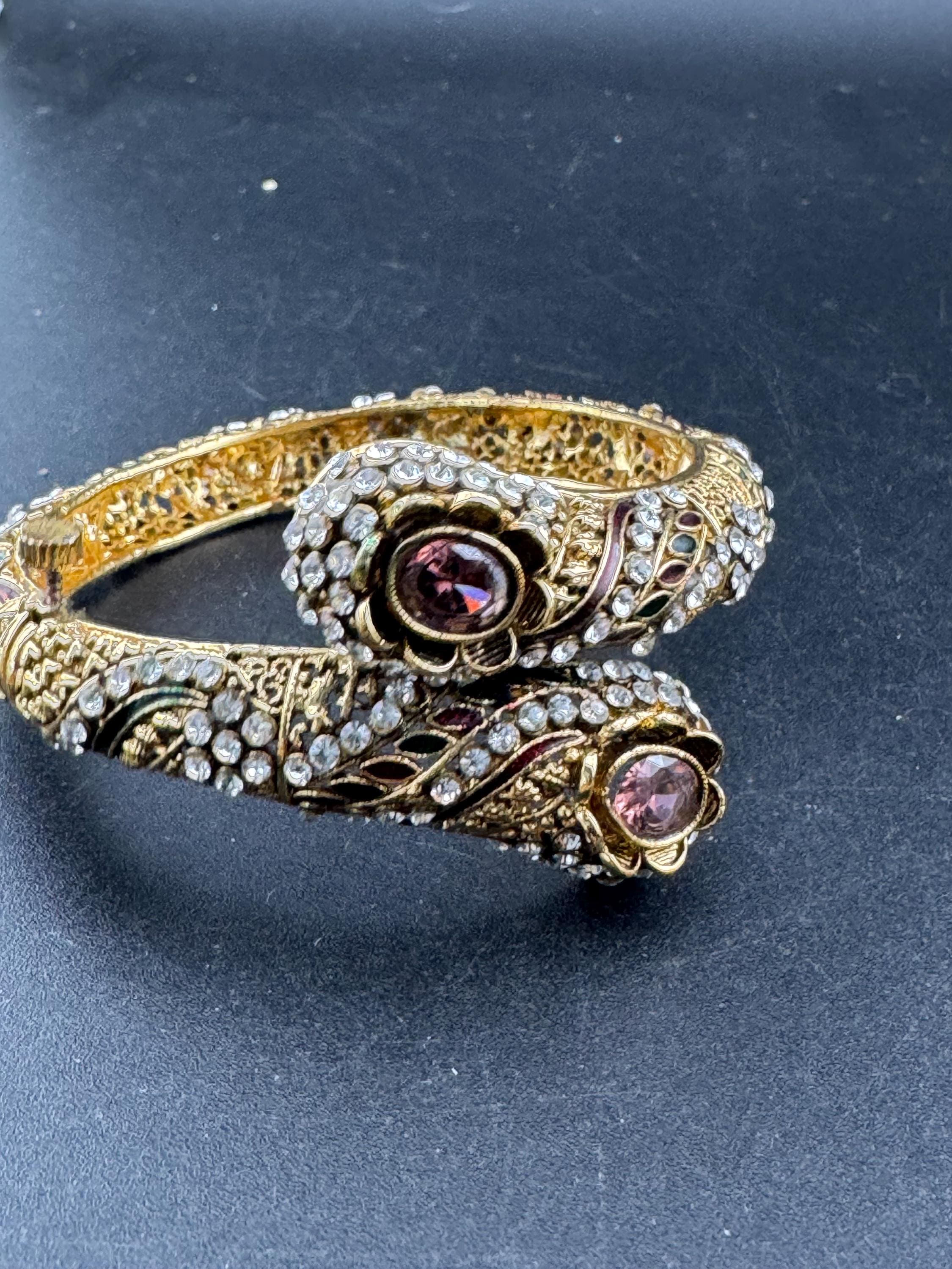 Amethyst glass rhinestone snake bangle , gold tone clamper bracelet retro