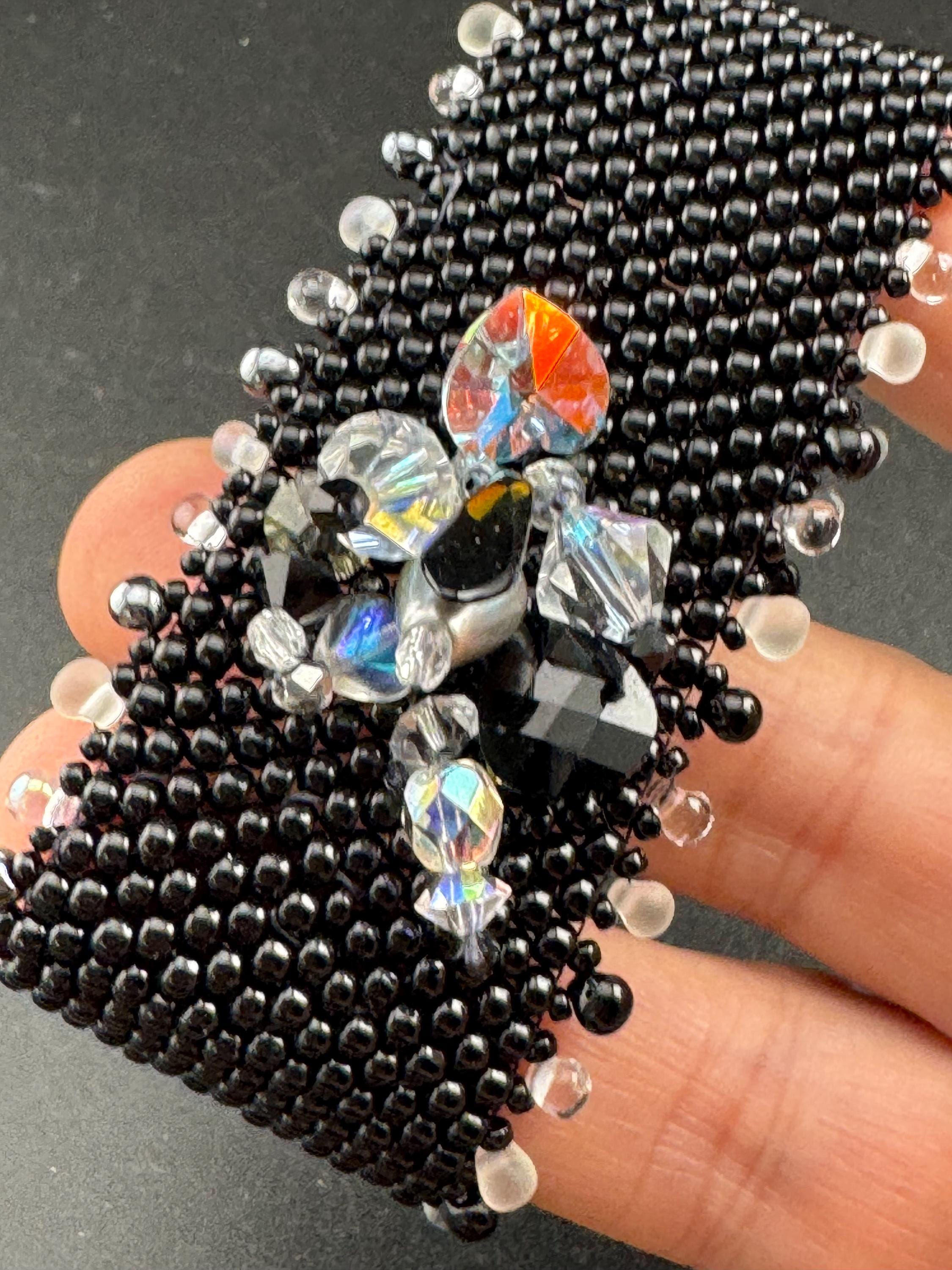 Vintage wide black seed bead woven bracelet set with Aurora borealis beads