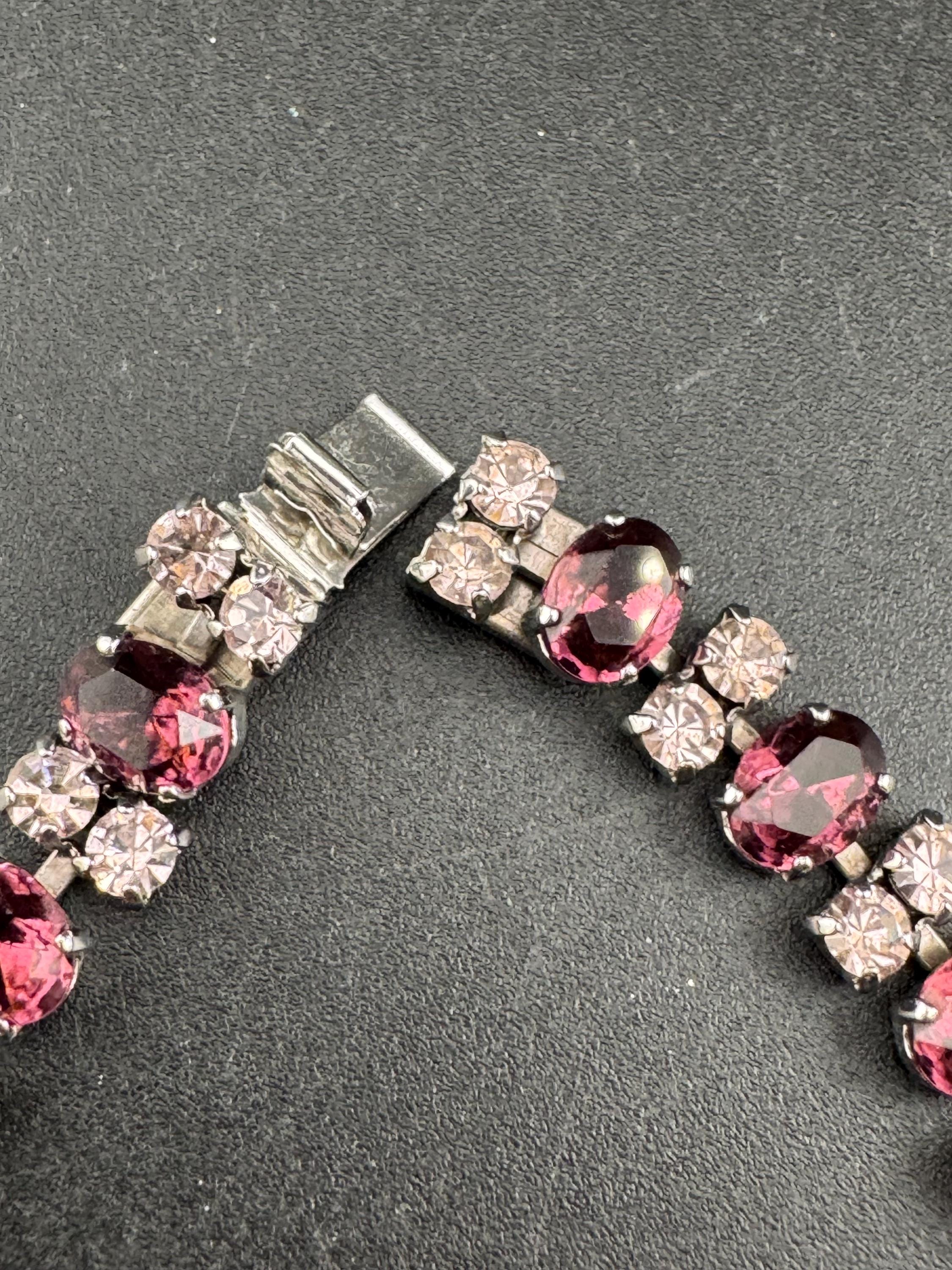 Vintage faux amethyst and clear rhinestone cocktail bracelet 19cm