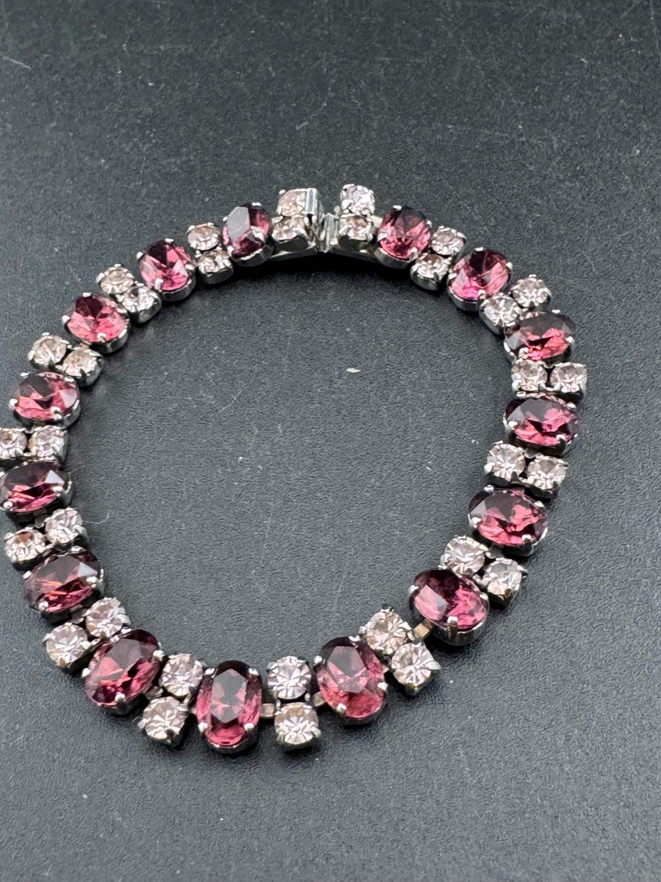 Vintage faux amethyst and clear rhinestone cocktail bracelet 19cm