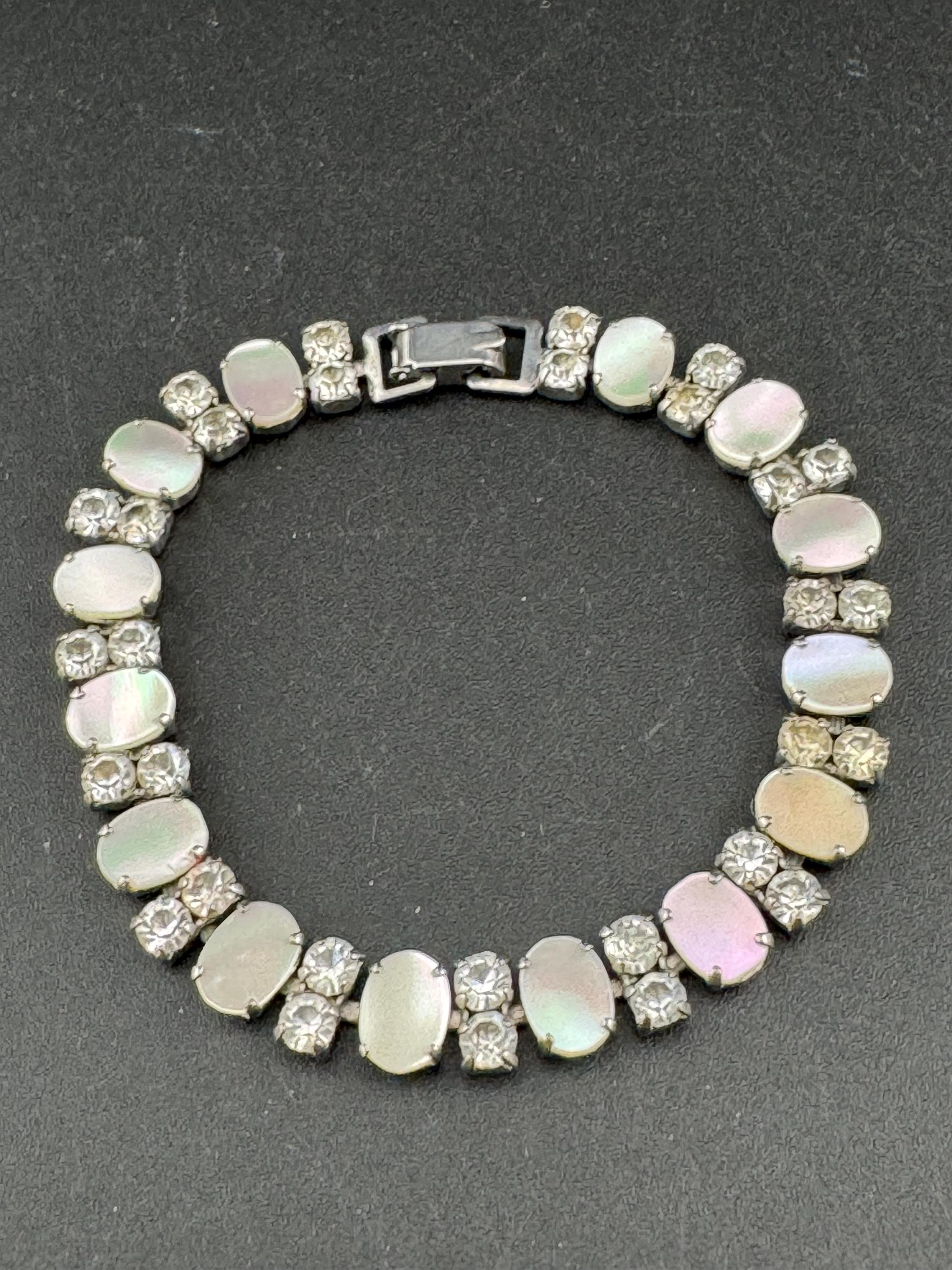 MOP Mother of pearl silver tone chrome panel link diamanté bracelet