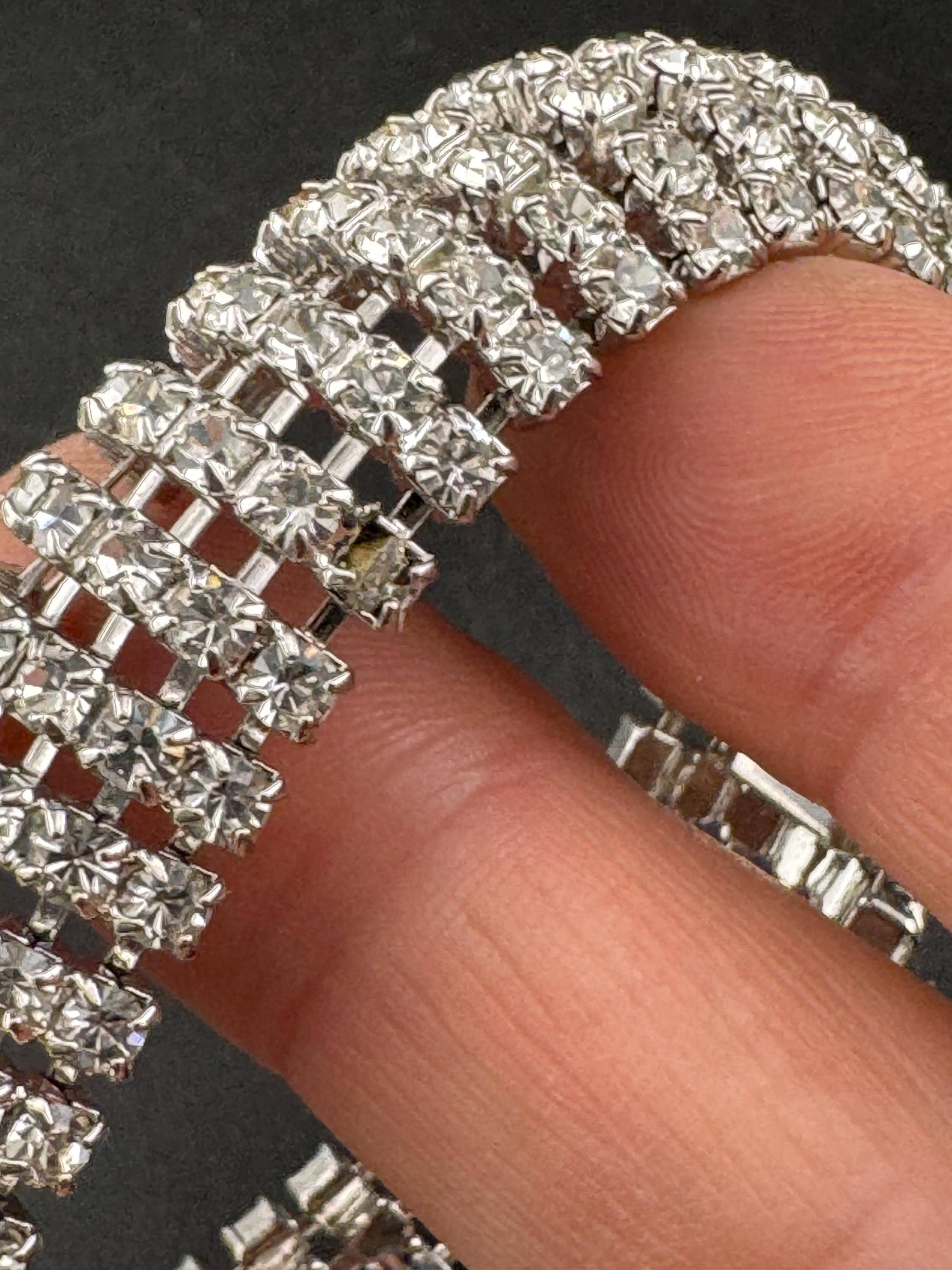 Vintage wide 8 row silver clear diamanté crystal cocktail tennis bracelet