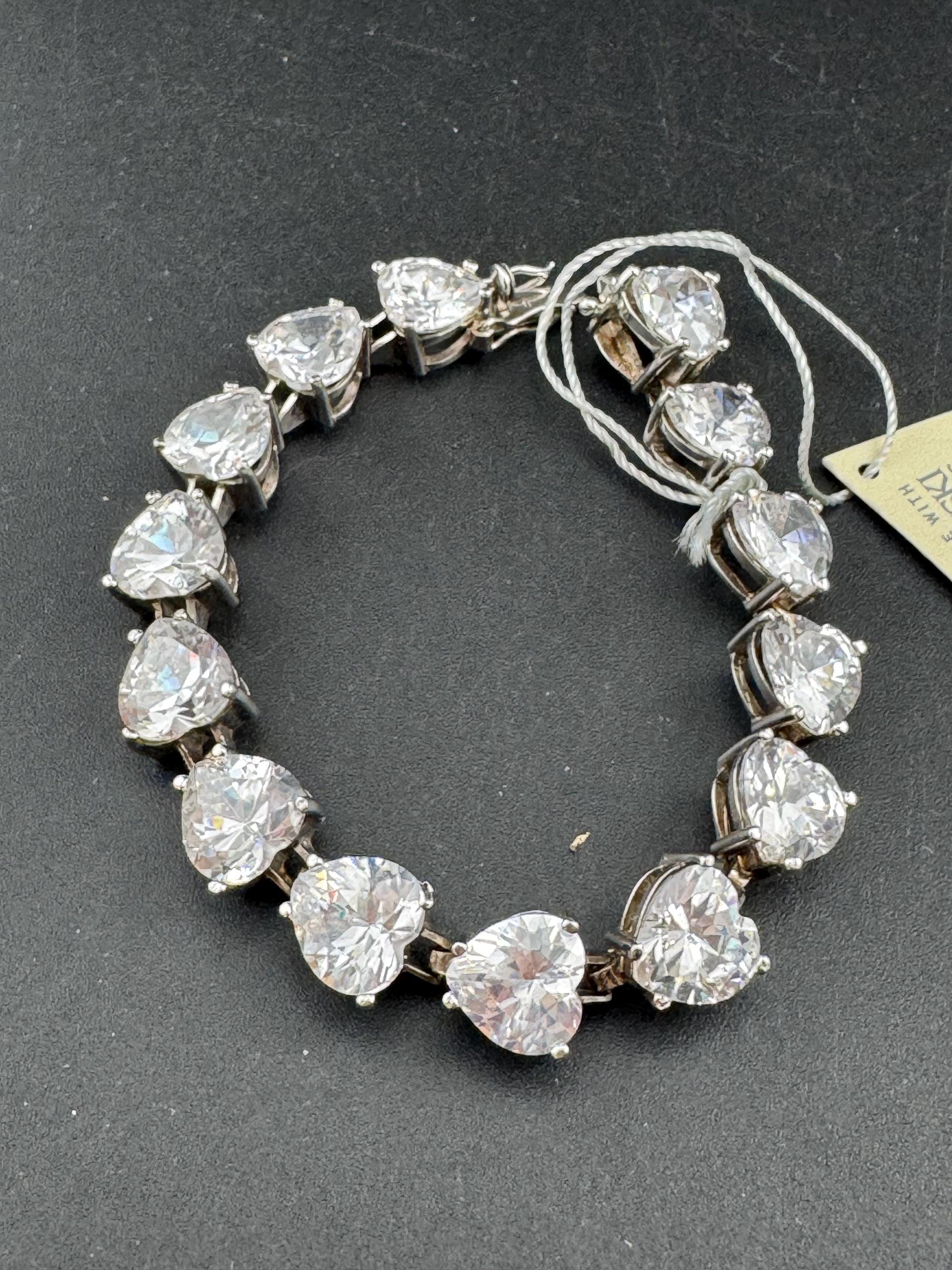 Retro Swarovski Crystal  wide silver clear love heart cocktail tennis bracelet