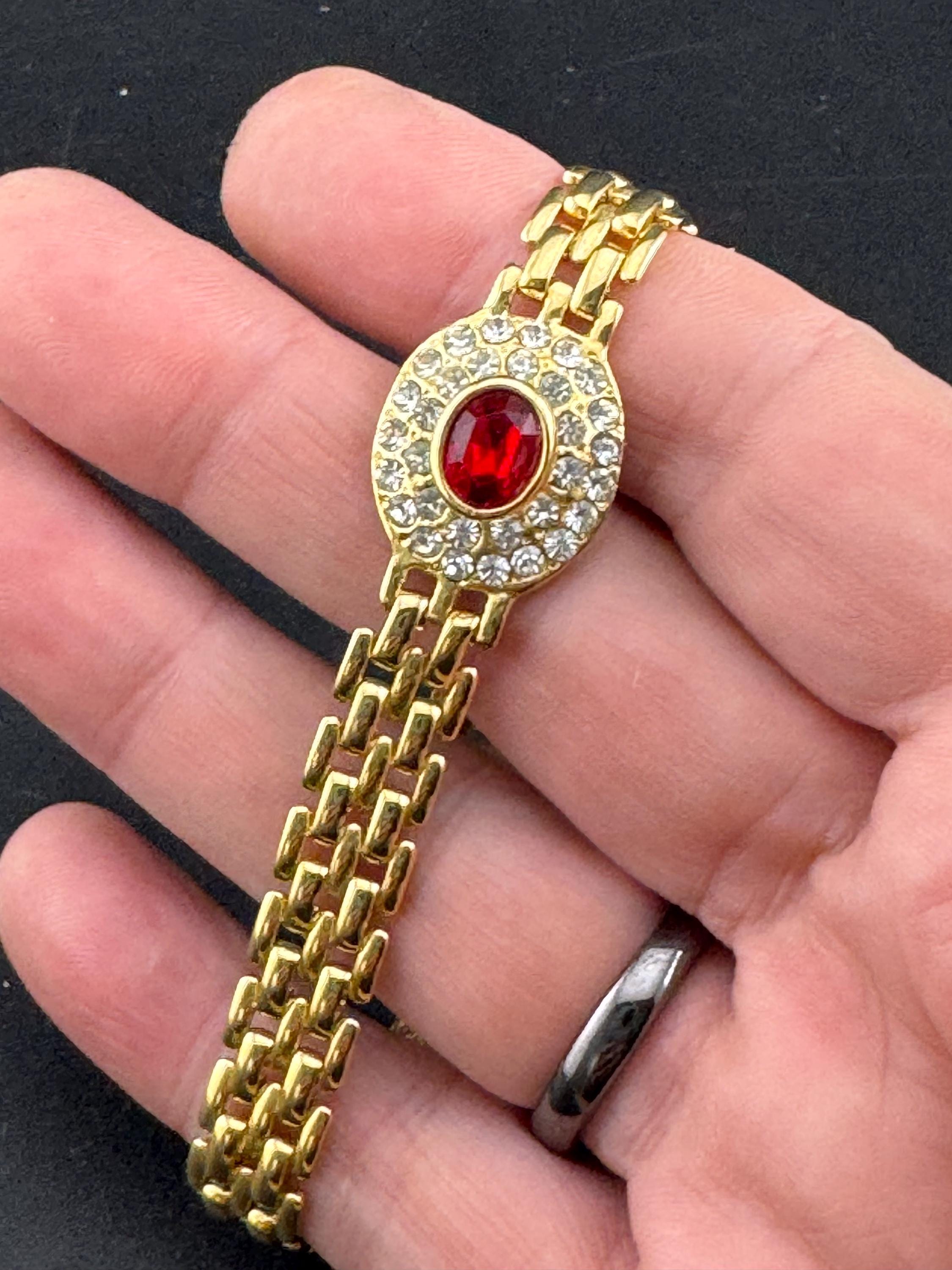 Vintage gold panther link ruby red crystal cocktail bracelet