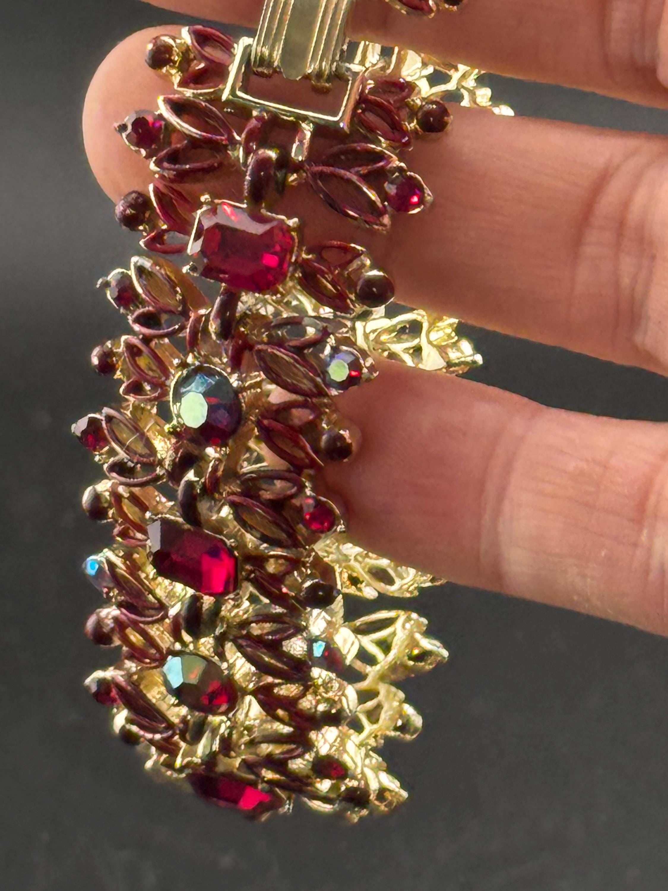 Signed Jewelcraft Vintage gold tone wide ruby red diamanté bracelet