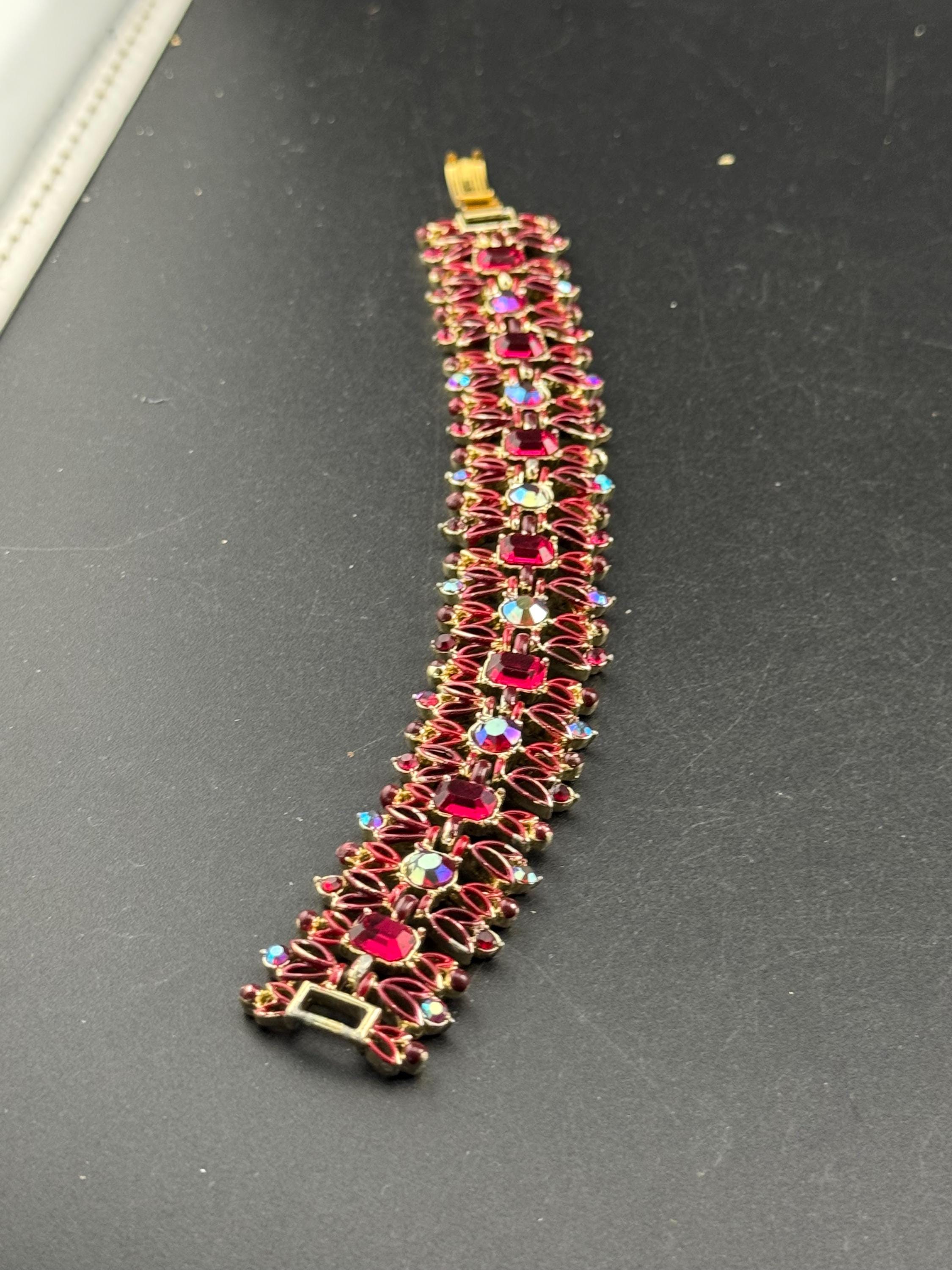 Signed Jewelcraft Vintage gold tone wide ruby red diamanté bracelet