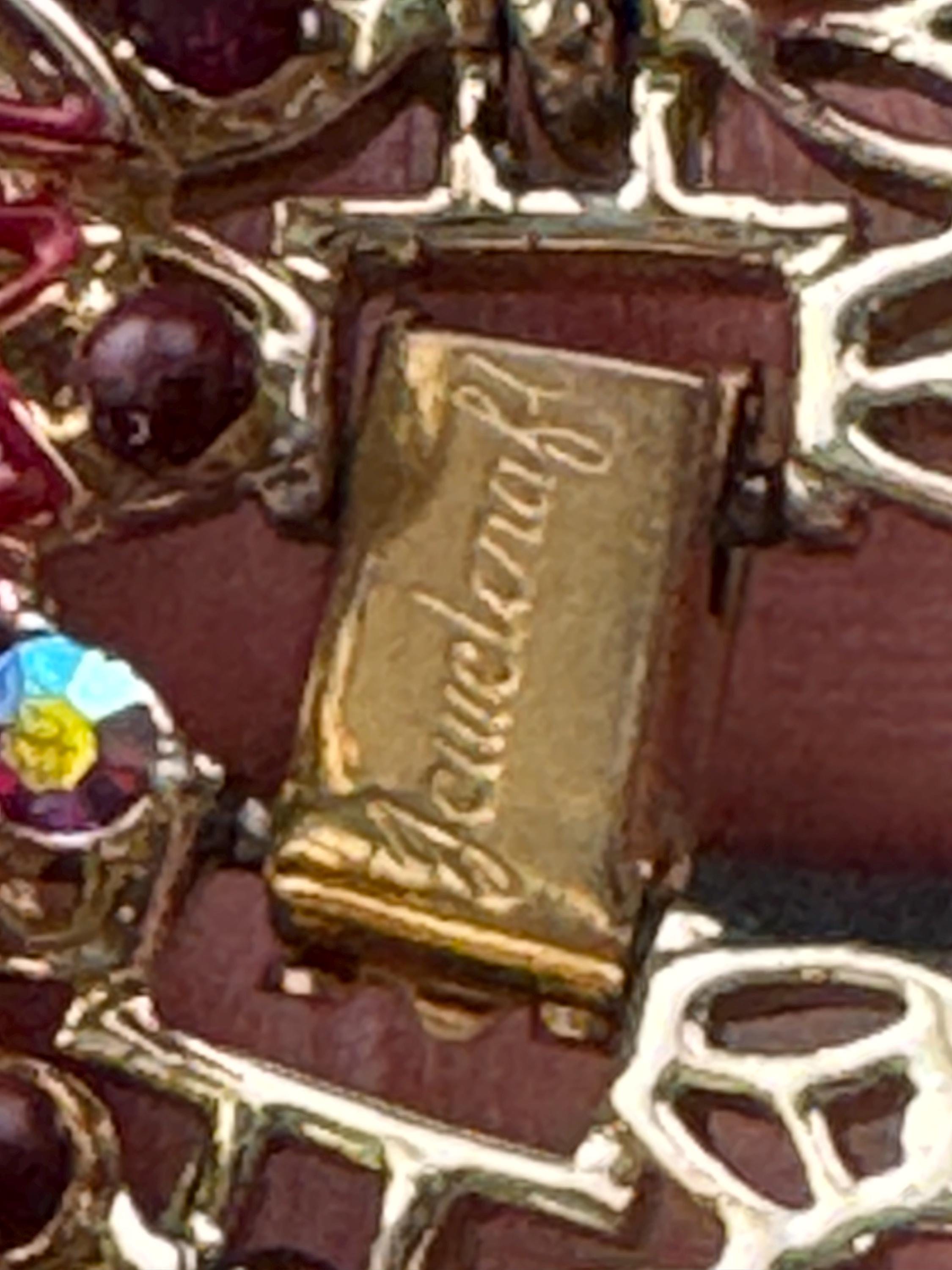 Signed Jewelcraft Vintage gold tone wide ruby red diamanté bracelet