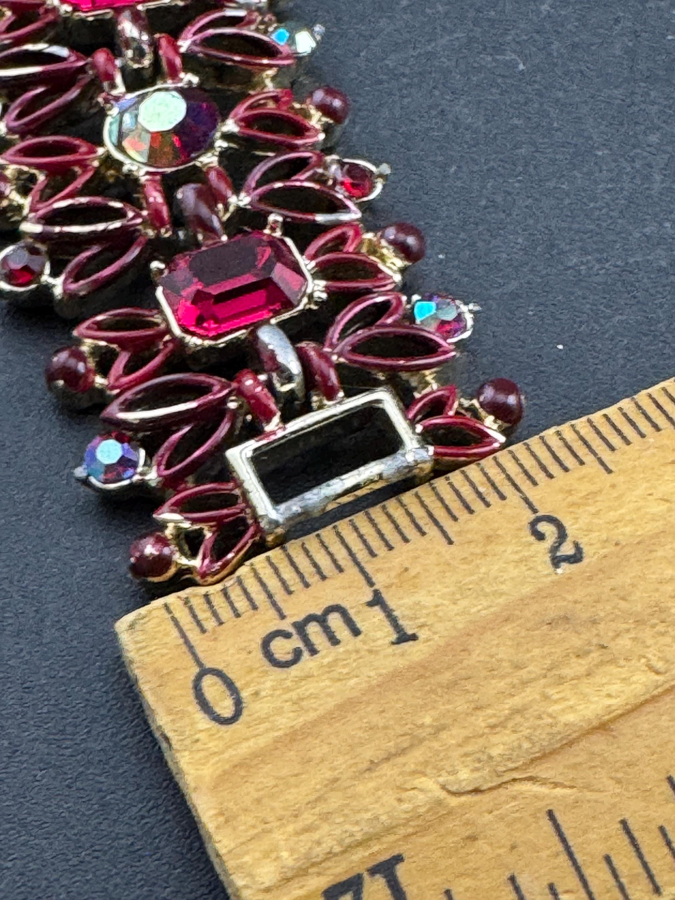 Signed Jewelcraft Vintage gold tone wide ruby red diamanté bracelet