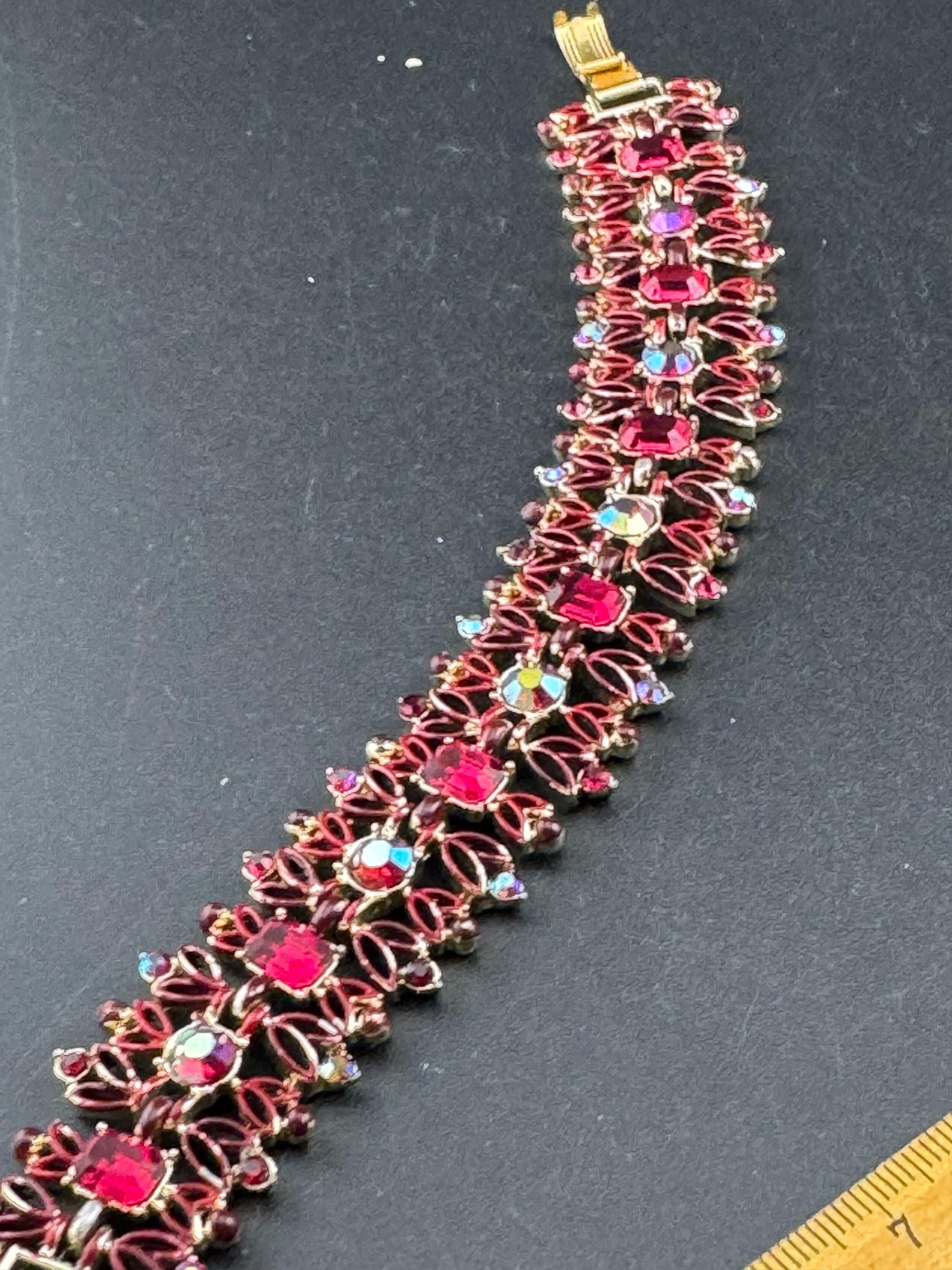 Signed Jewelcraft Vintage gold tone wide ruby red diamanté bracelet