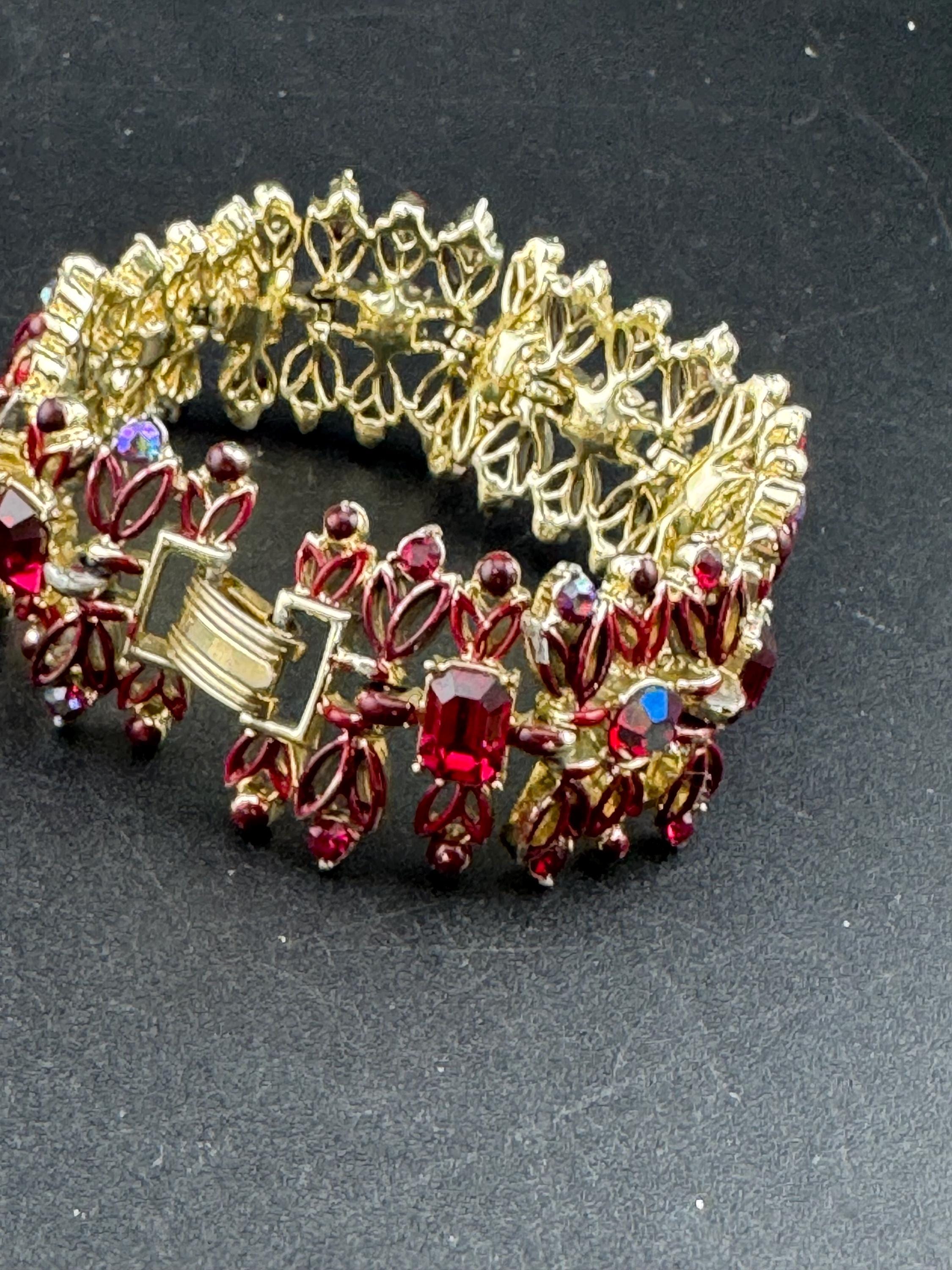 Signed Jewelcraft Vintage gold tone wide ruby red diamanté bracelet