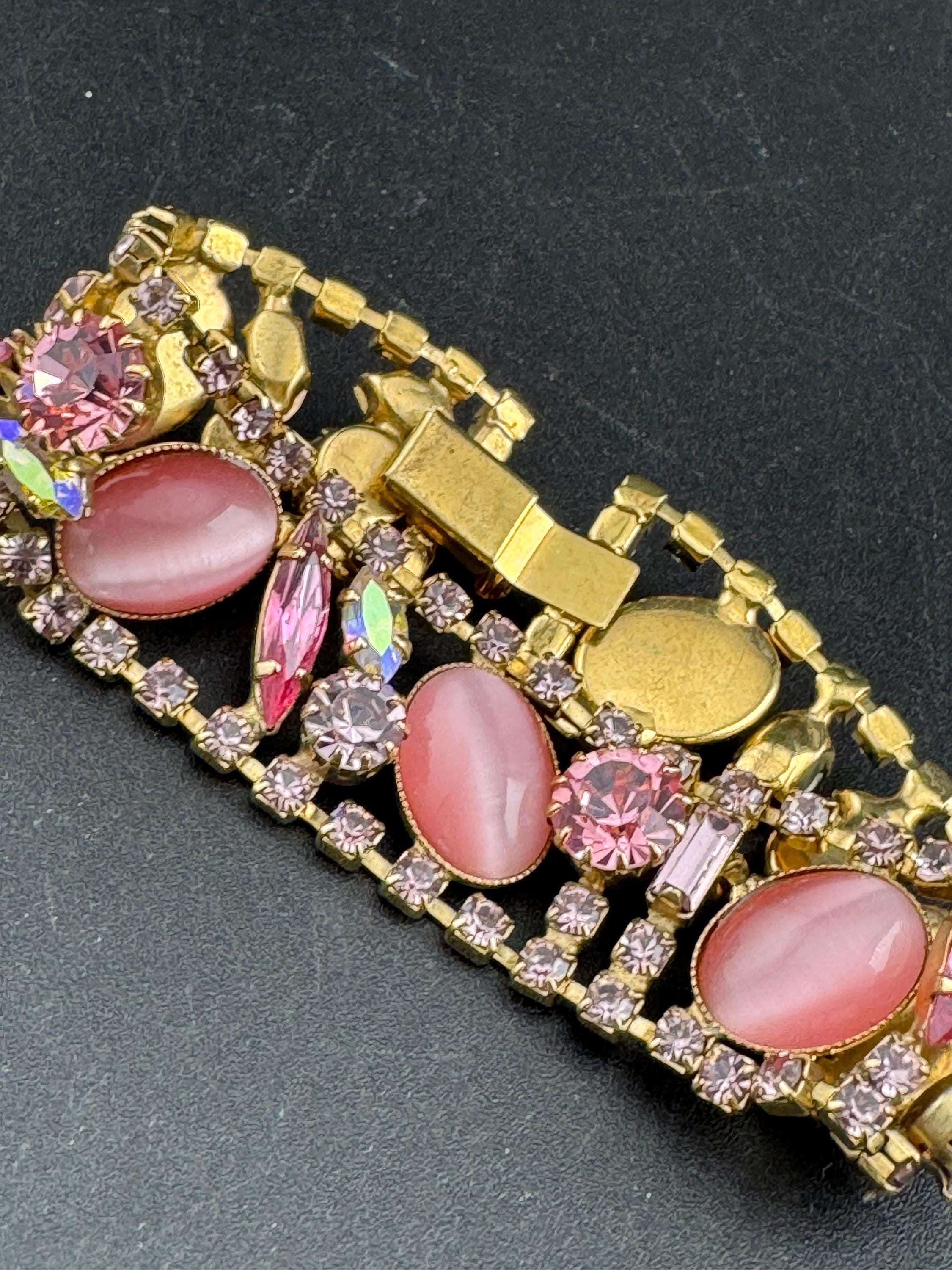Vintage Pink diamanté cats eye cabocho  gold tone cocktail bracelet 19cm