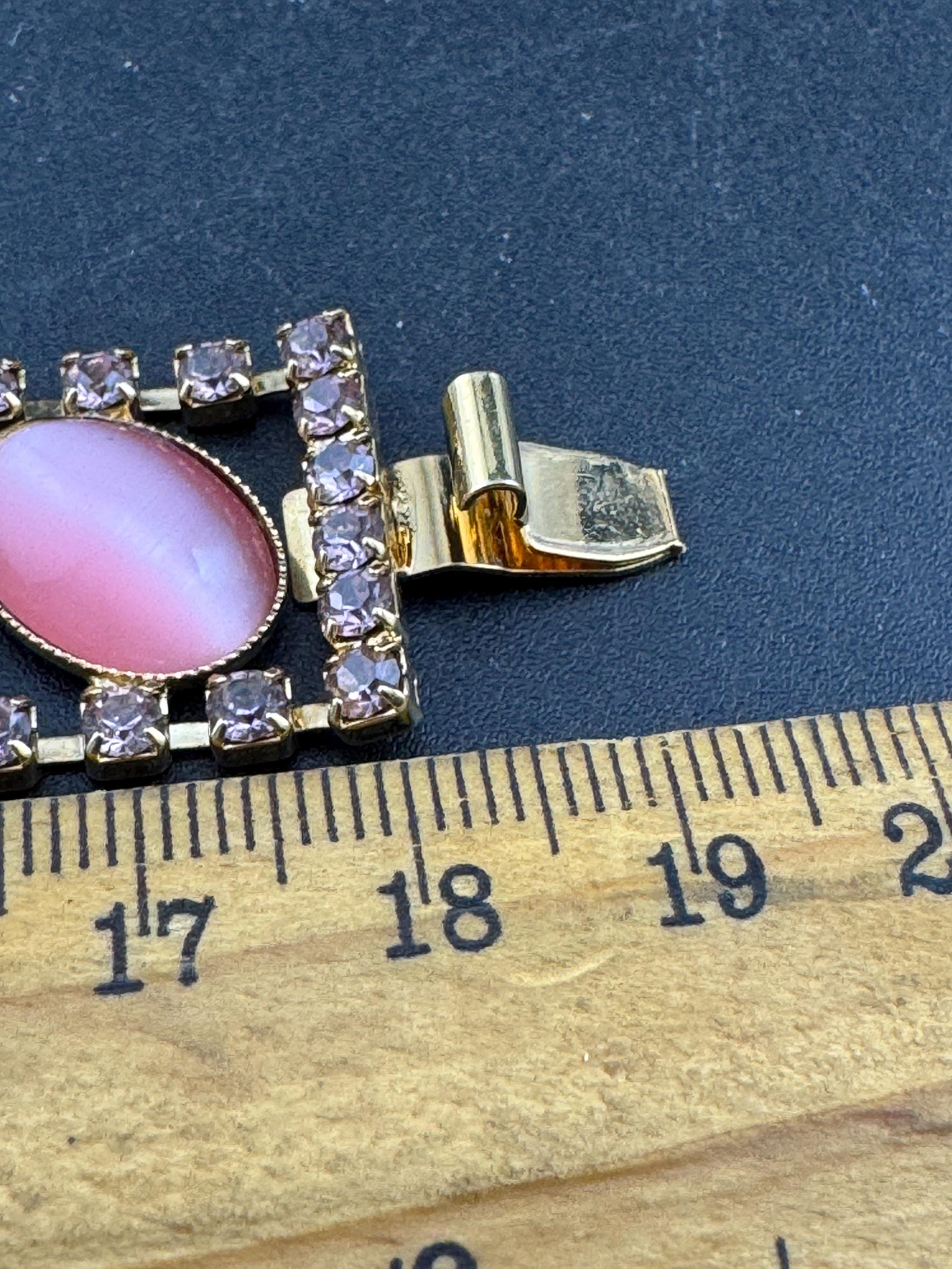Vintage Pink diamanté cats eye cabocho  gold tone cocktail bracelet 19cm